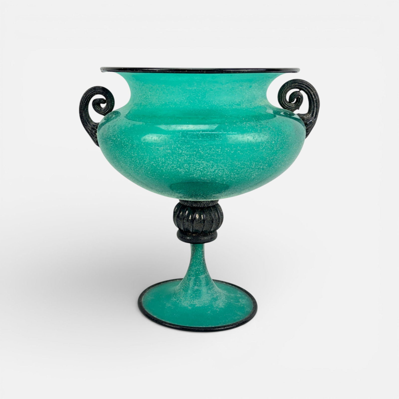 Gambaro & Poggl Murano Italian Art Glass Double Scroll Handle Pedestal Bowl: Signed. One blemish by handle along the rim. For shipping, we highly recommend Donald Camden at UPS Store 4608. Alternatively, reach out to one of our preferred shippers listed at the link below or el