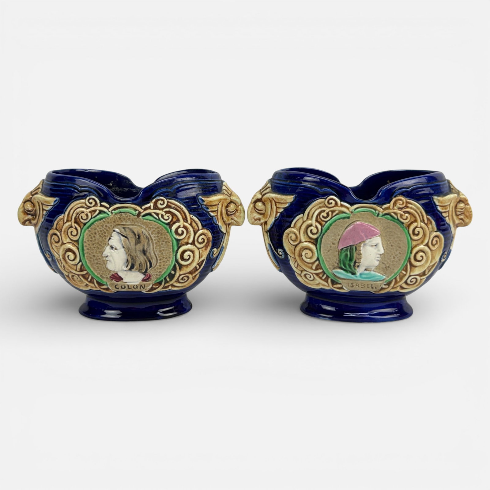 Pair Czech Majolica Art Pottery Two-Handled Vases "Colon" and "Isabel": One has a chip as shown. Queen Isabella I of Castile (1451–1504) sponsored Christopher Columbus’s 1492 voyage across the Atlantic For shipping, we highly recommend Donald Camden at UPS Store 4608.