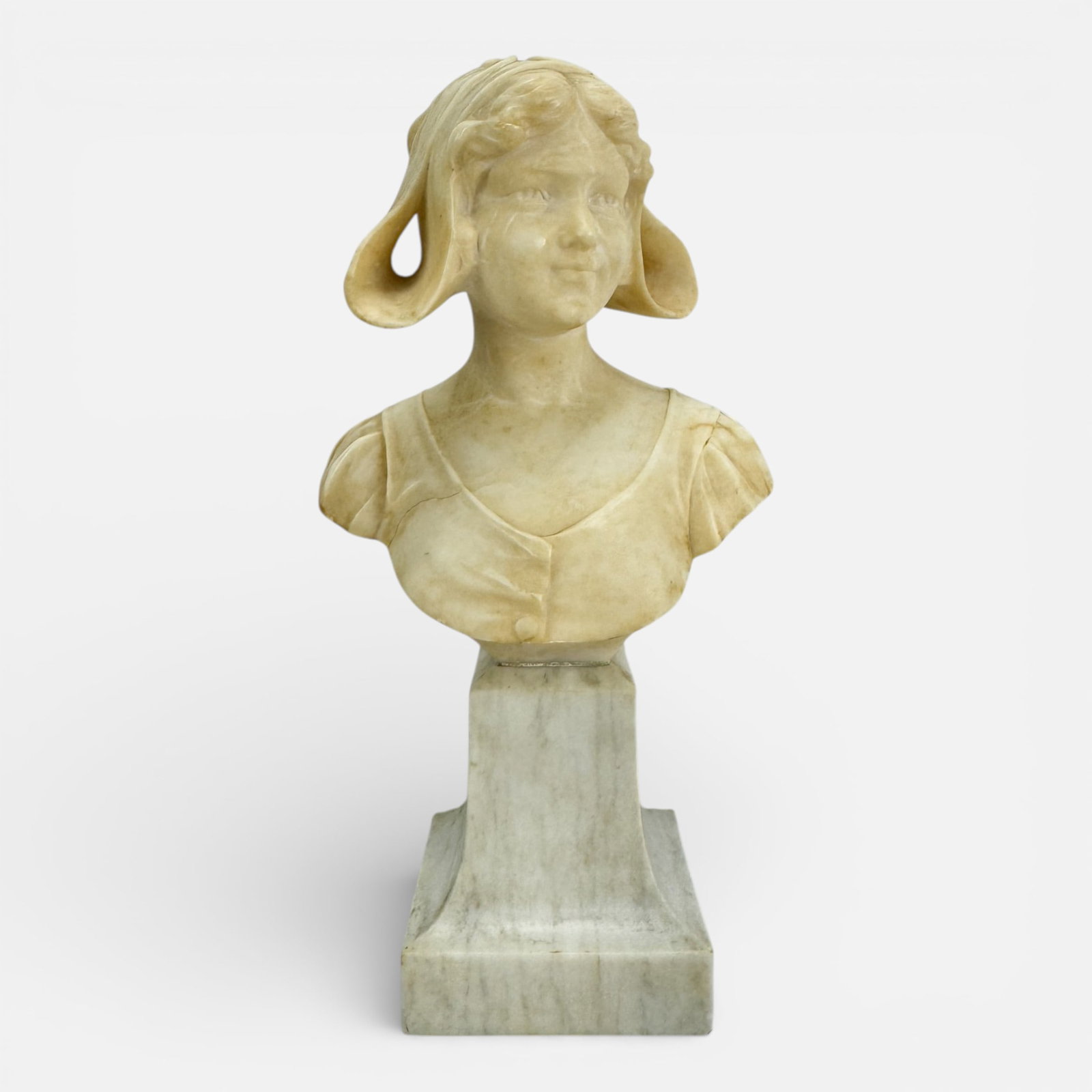 Antique Carved Alabaster Bust of Young Woman Wearing Her Bonnet (1 of 8)