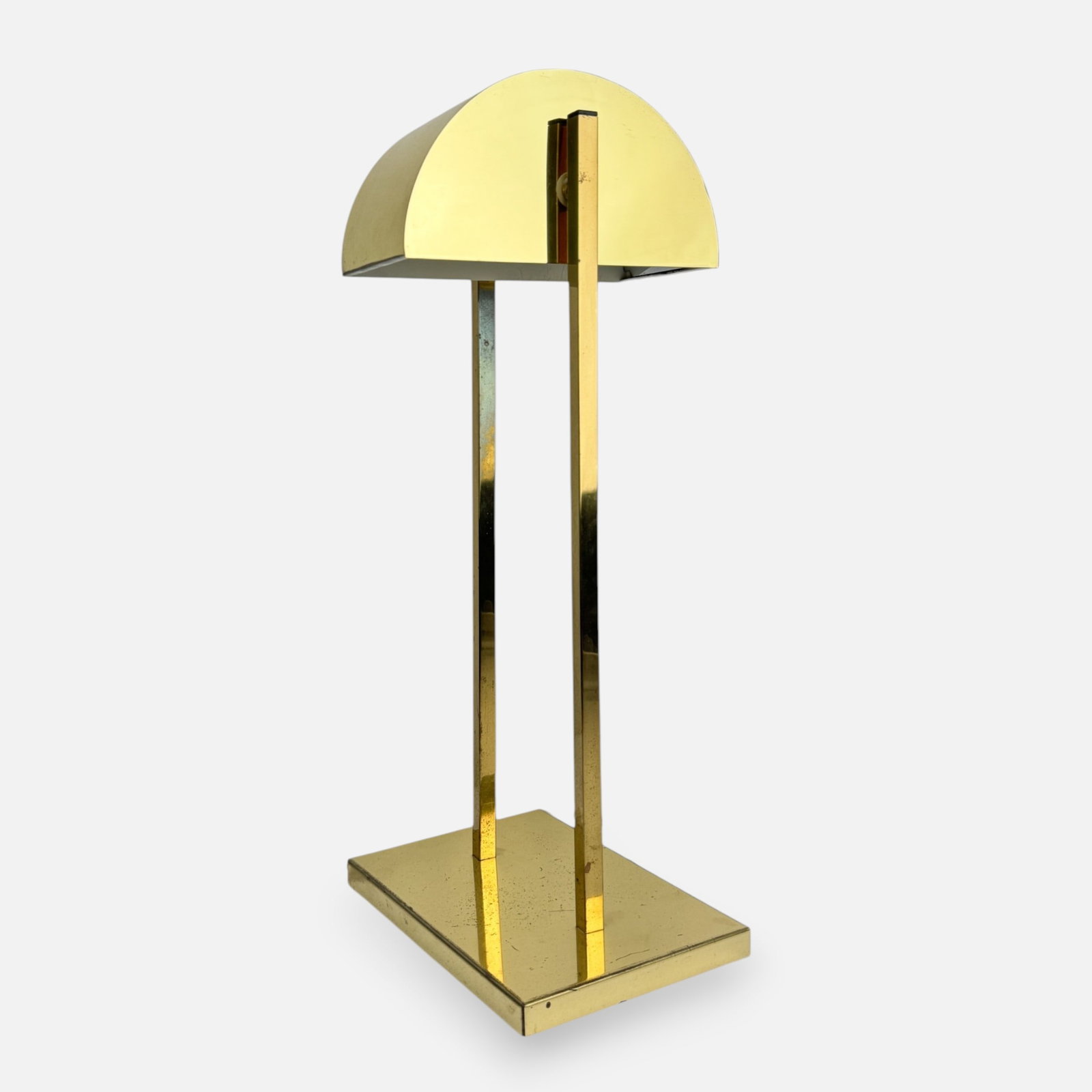 George Kovacs for Koch + Lowy Adjustable Brass Demilune Desk Lamp: Ca. second half 20thC. Attr. George Kovacs. Apparently unmarked. Untested. Good overall condition, with shown scuffs, wear to brass. For shipping, we highly recommend Donald Camden at UPS Store 4608. 