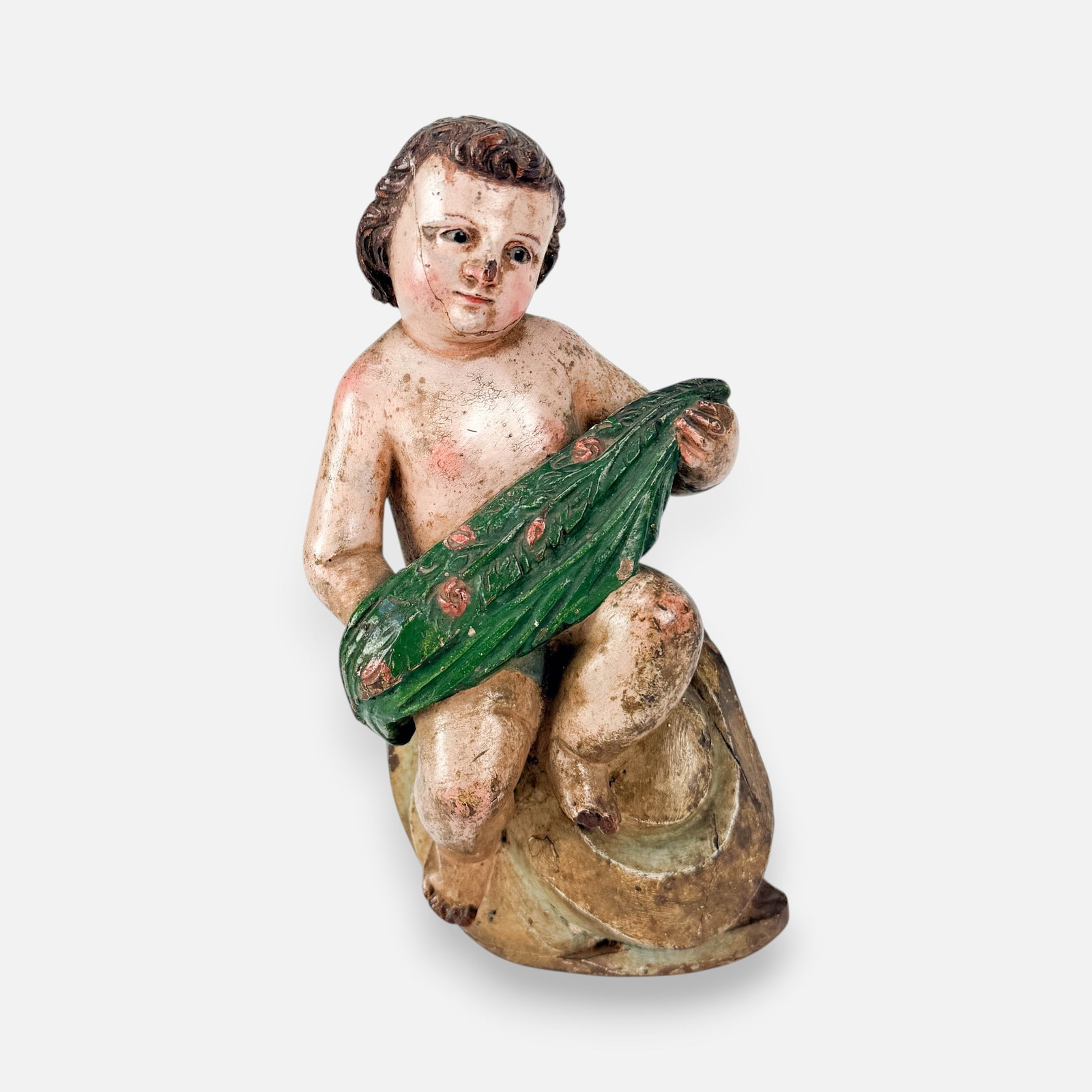 Antique 19thC Italian Carved Wood Putti Angel w/Garland & Original Paint: See loss, cracks, discoloration. For shipping, we highly recommend Donald Camden at UPS Store 4608. Alternatively, reach out to one of our preferred shippers listed at the link below or elect for Live