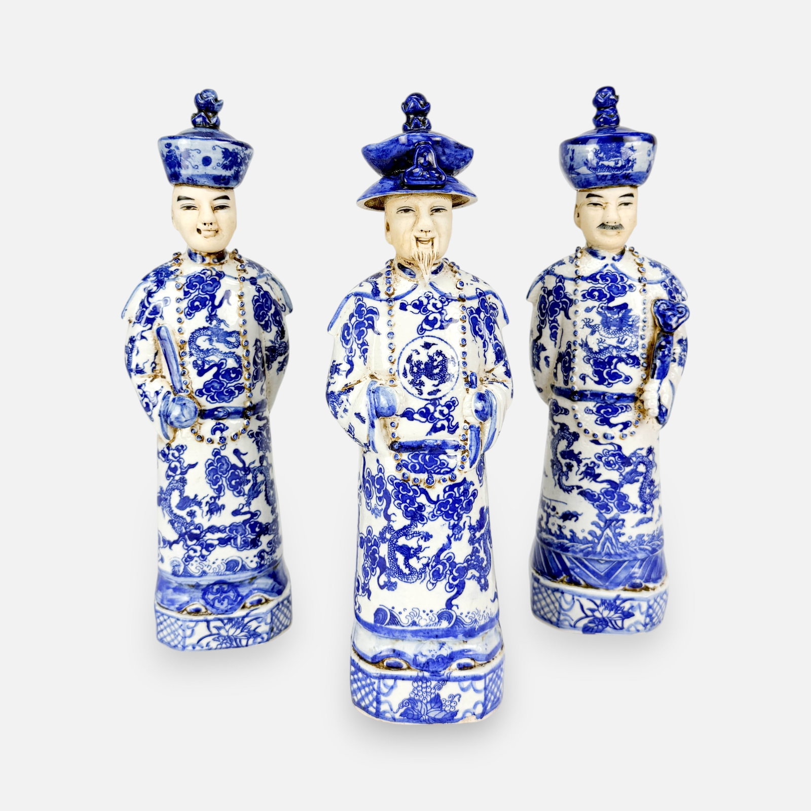 Three Qing Style Chinese Blue & White Porcelain Nobility Figures (1 of 5)