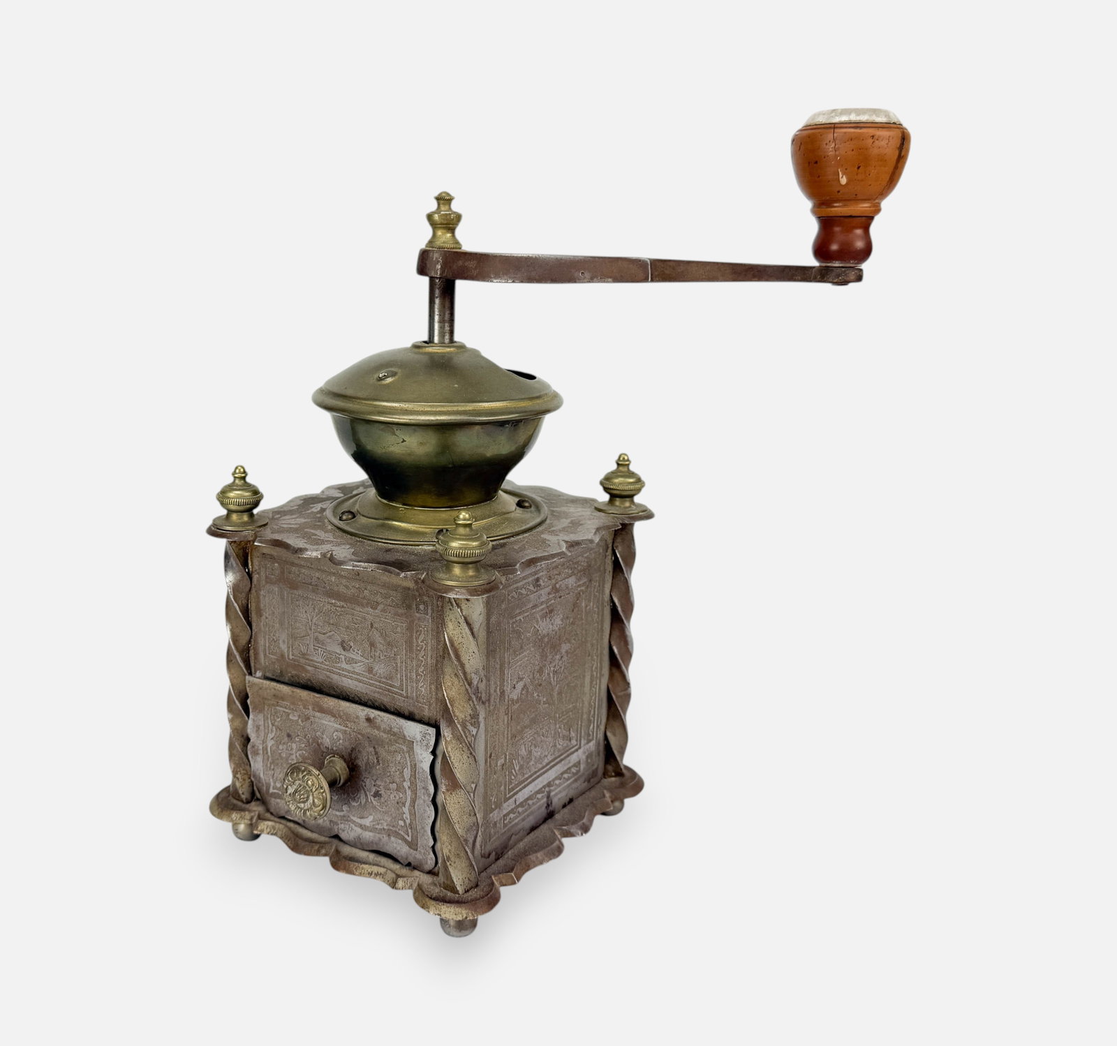 Antique 19thC Continental Engraved Metal & Wood Coffee Grinder (1 of 4)