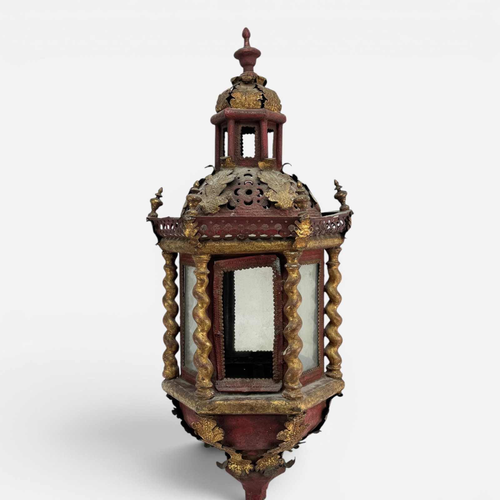 Antique Mid-19thC Gilt Painted Tole & Wood Barley-Twist Venetian Gondola Lamp: Genuine canal used mid 19th century gondola lamp. Measurement is for the lamp with no pole. Pole is approx. 61" x 2 3/4". For shipping, we highly recommend Donald Camden at UPS Store 4608. Alternative