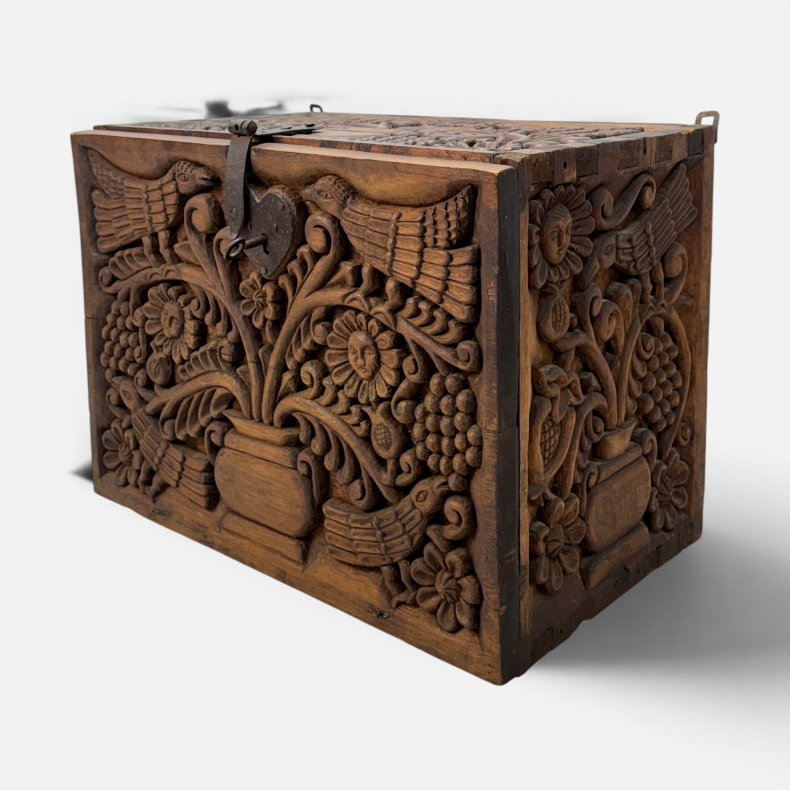 Vintage Early 20thC Carved High Relief Vargueno Travel Chest w/Drawers: Ca. first half 20thC. For shipping, we highly recommend Donald Camden at UPS Store 4608. Alternatively, reach out to one of our preferred shippers listed at the link below or elect for LiveShipping in