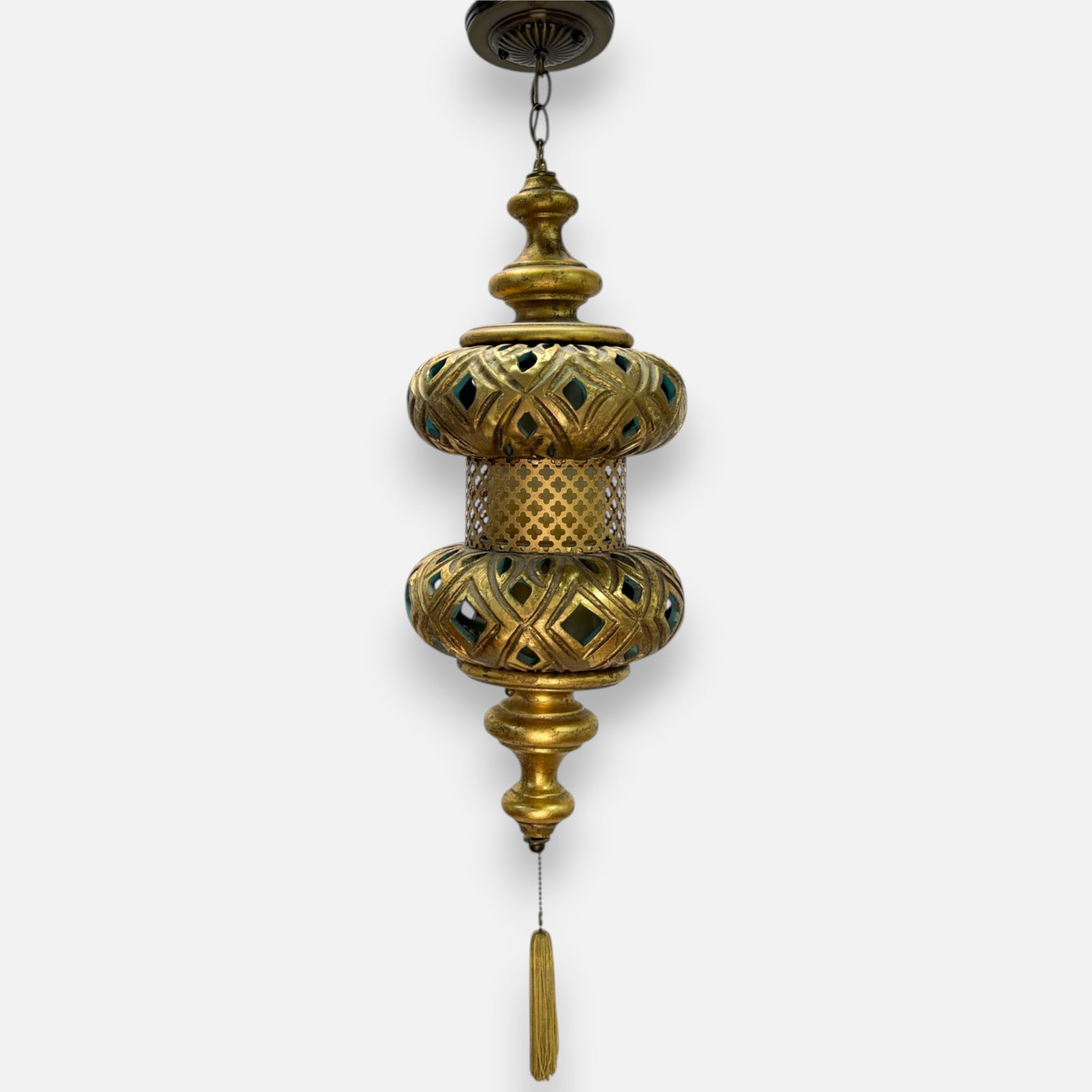 Arabian Nights Persian Style Carved Gilt Wood and Metal Hanging Ceiling Lamp: Measurement is from bottom of tassle handle to the top fixture. For shipping, we highly recommend Donald Camden at UPS Store 4608. Alternatively, reach out to one of our preferred shippers listed at t