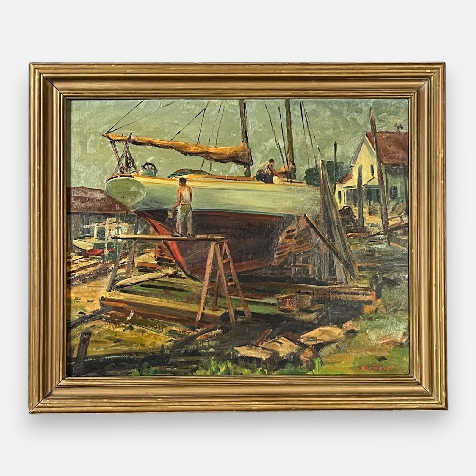 Joseph B. Hartranft Shipyard Workers Painting a Boat Oil on Canvas Nautical Painting: Joseph B. Hartranft (American, 1890-1982). Approx. H: 19 1/2", W: 23 1/4", D: 1" For shipping, we highly recommend Donald Camden at UPS Store 4608. Alternatively, reach out to one of our preferred shi