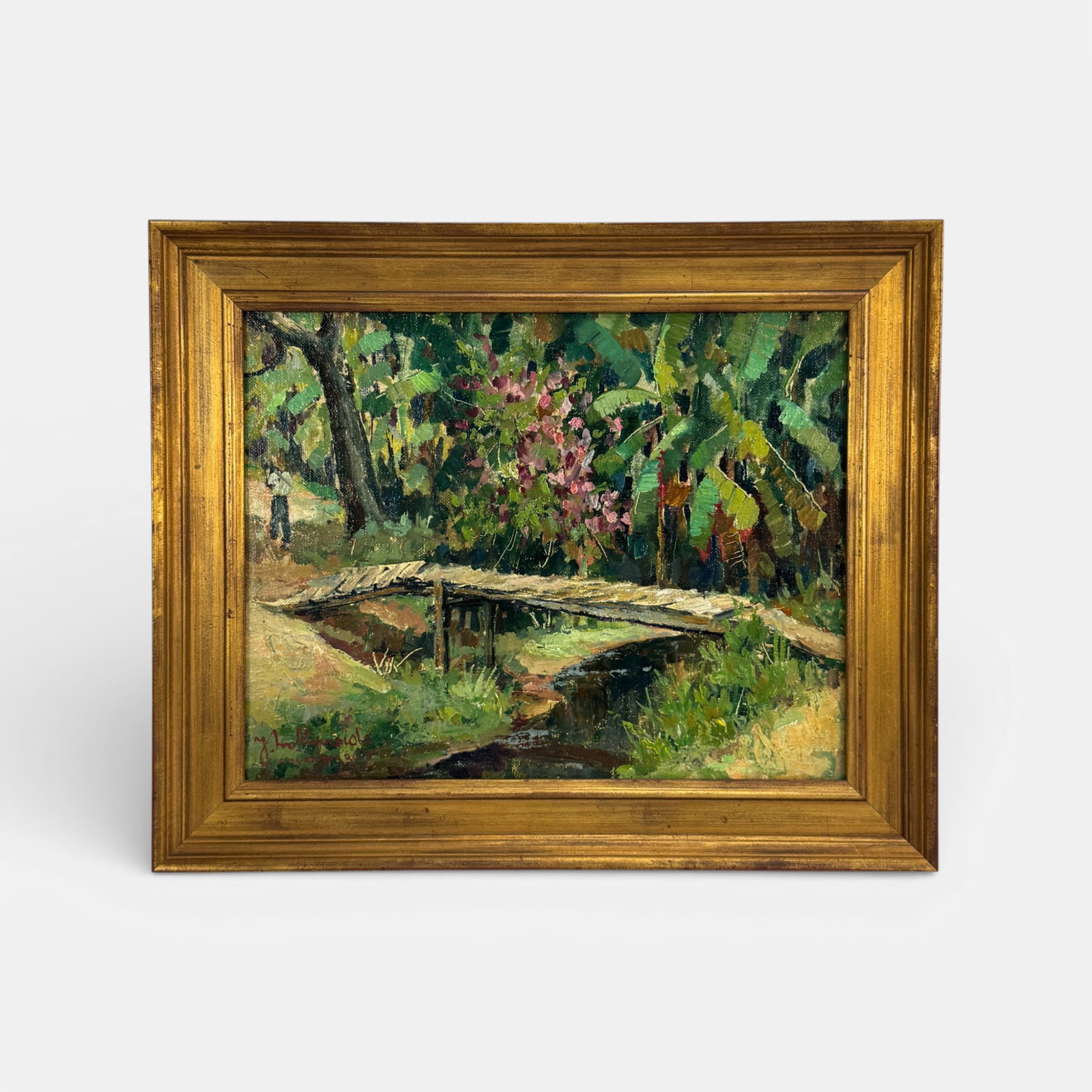 Artist Signed Oil on Canvas Painting Wooden Bridge over Stream in Angra Dos Reis, Brazil: Approx. sight size 11 3/4" x 15" For shipping, we highly recommend Donald Camden at UPS Store 4608. Alternatively, reach out to one of our preferred shippers listed at the link below or elect for Live