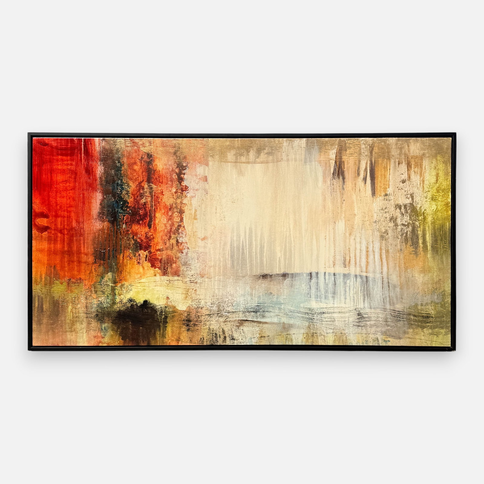Josiane Childers "Resplendent" Oil on Canvas Large Abstract Expressionist Painting: Approx. canvas size 29 1/2" x 59 3/4". For shipping, we highly recommend Donald Camden at UPS Store 4608. Alternatively, reach out to one of our preferred shippers listed at the link below or elect fo