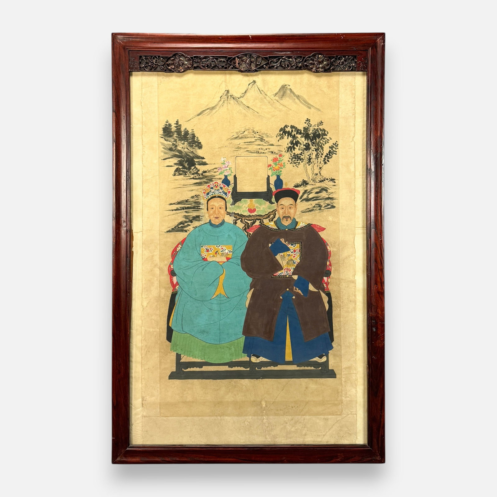 Antique Chinese Qing Dynasty Ancestor Portrait Ink & Color Painting: Approx. sight size 55" x 34 1/2". Good age-appropriate sight condition. Framed and sealed. Unexamined out of frame. For shipping, we highly recommend Donald Camden at UPS Store 4608. Alternatively, re