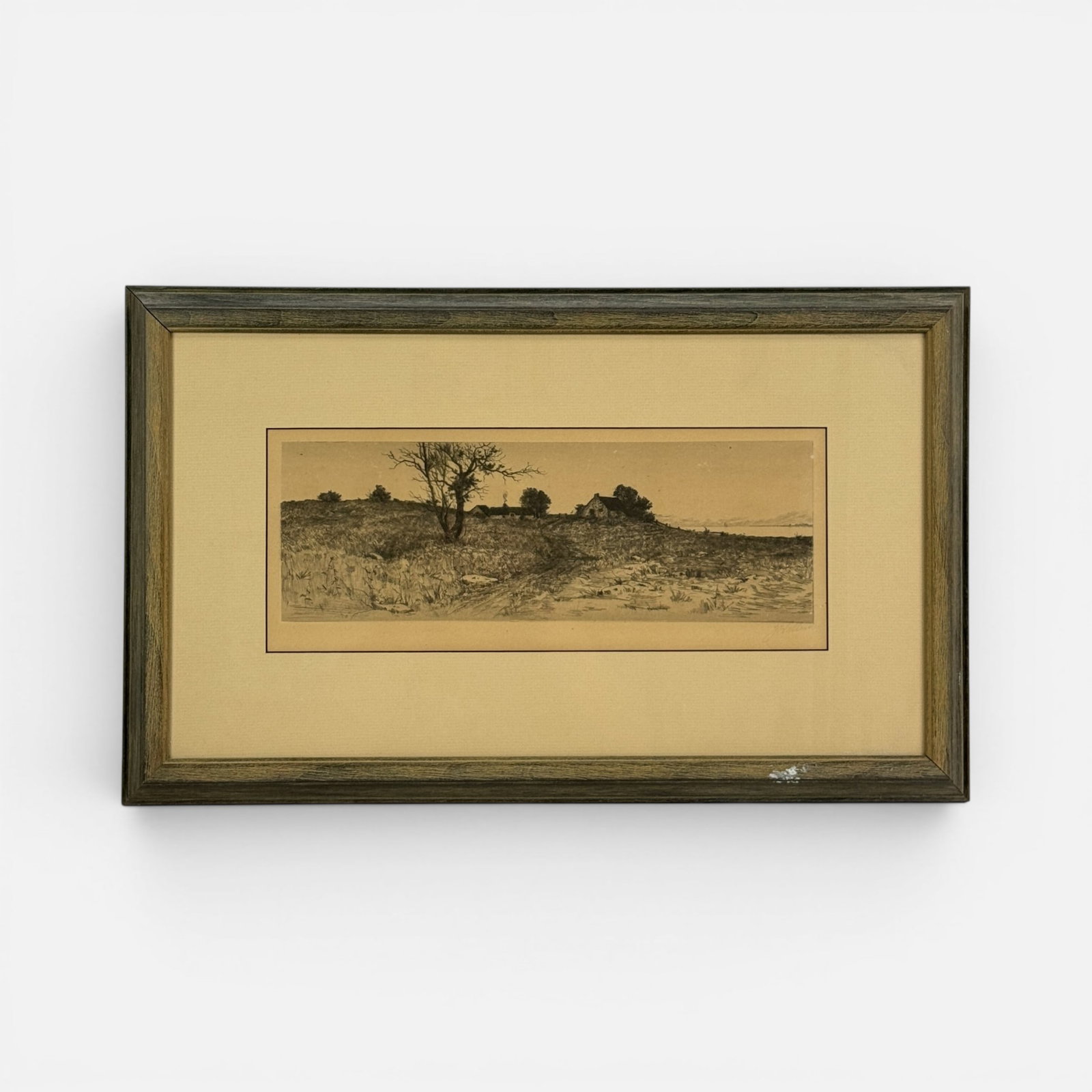 Artist Signed Antique Etching of Cottage Farm Scene: Indistinctly signed lower right. Toned as shown. Approx. sight size 6 1/4" x 15 3/4". For shipping, we highly recommend Donald Camden at UPS Store 4608. Alternatively, reach out to one of our preferre