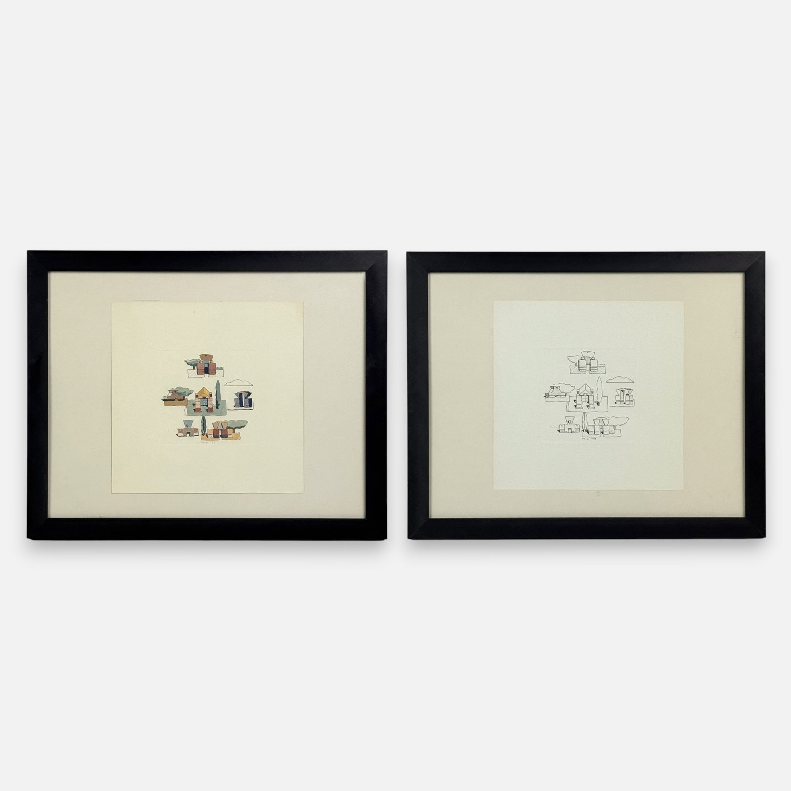 Pair Michael Graves 1979 Architectural Prints one Hand-Colored: Very good sight condition. Unexamined out of frame. Approx. plate sizes 4" x 4". For shipping, we highly recommend Donald Camden at UPS Store 4608. Alternatively, reach out to one of our preferred shi