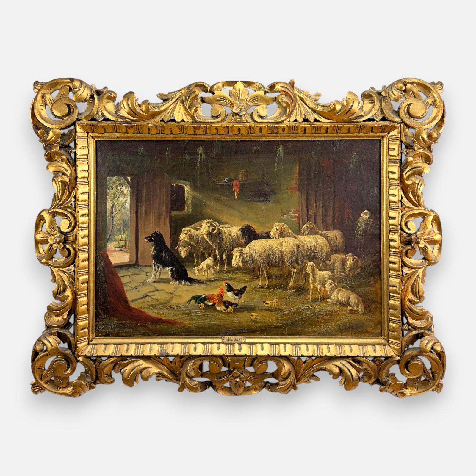 L. Welsner Barnyard Scene Oil on Canvas Genre Painting (1 of 9)