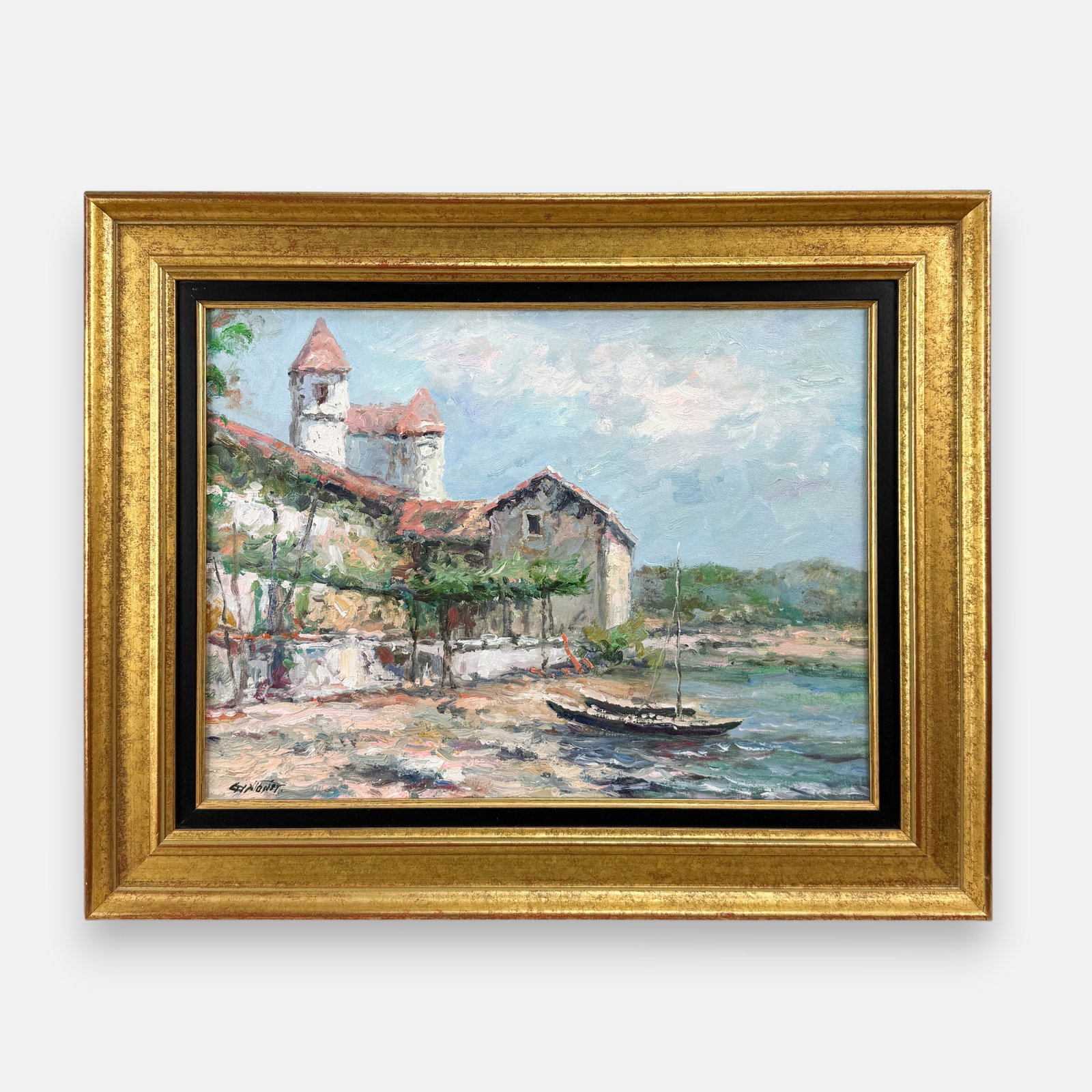 Artist Signed Impressionist Coastal Scene Oil on Canvas Painting (1 of 5)
