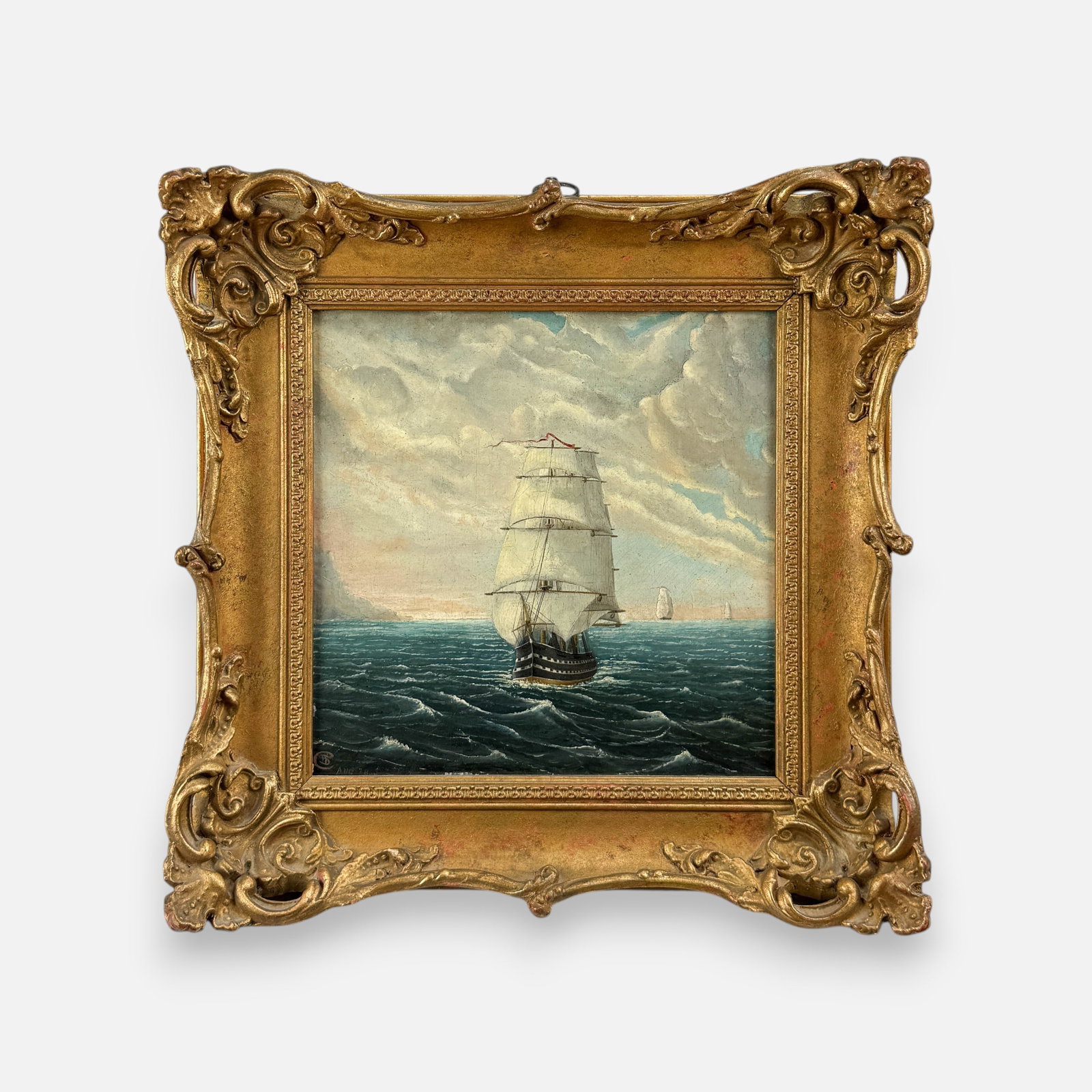 Artist Signed 1878 Maritime Nautical Oil on Board Painting: Signed with artist monogram lower left dated Aug. 78. Approx. board size 9 1/2" x 9 1/2". For shipping, we highly recommend Donald Camden at UPS Store 4608. Alternatively, reach out to one of our pref