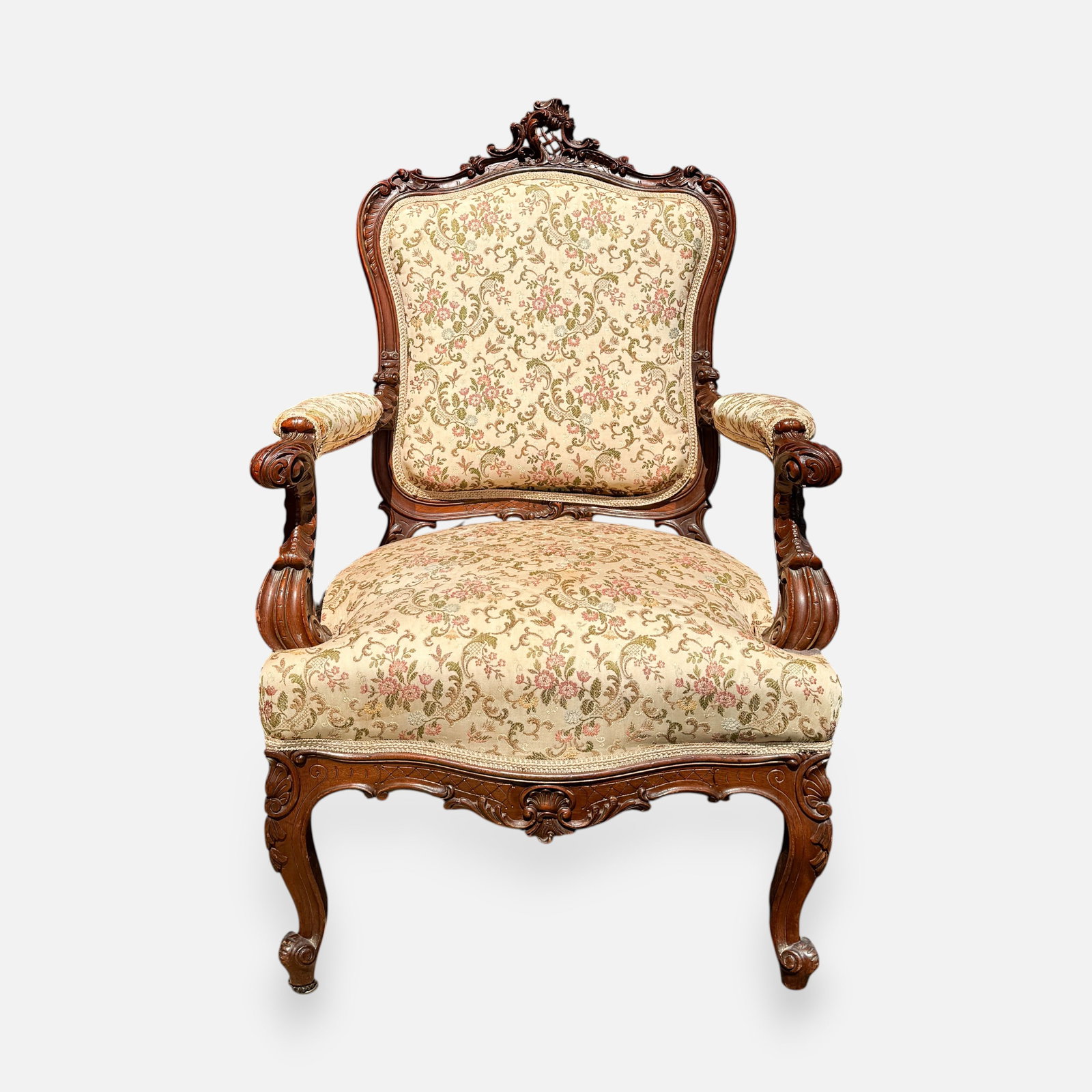 Antique Rococo Hand-Carved Mahogany Louis XVI Armchair: For shipping, we highly recommend Donald Camden at UPS Store 4608. Alternatively, reach out to one of our preferred shippers listed at the link below or elect for LiveShipping in the checkout screen.