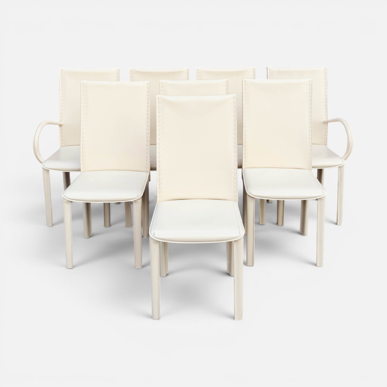 Set of Eight Italian Post Modern Leather Wrapped Dining Chairs: Two arms, six sides. For shipping, we highly recommend Donald Camden at UPS Store 4608. Alternatively, reach out to one of our preferred shippers listed at the link below or elect for LiveShipping in