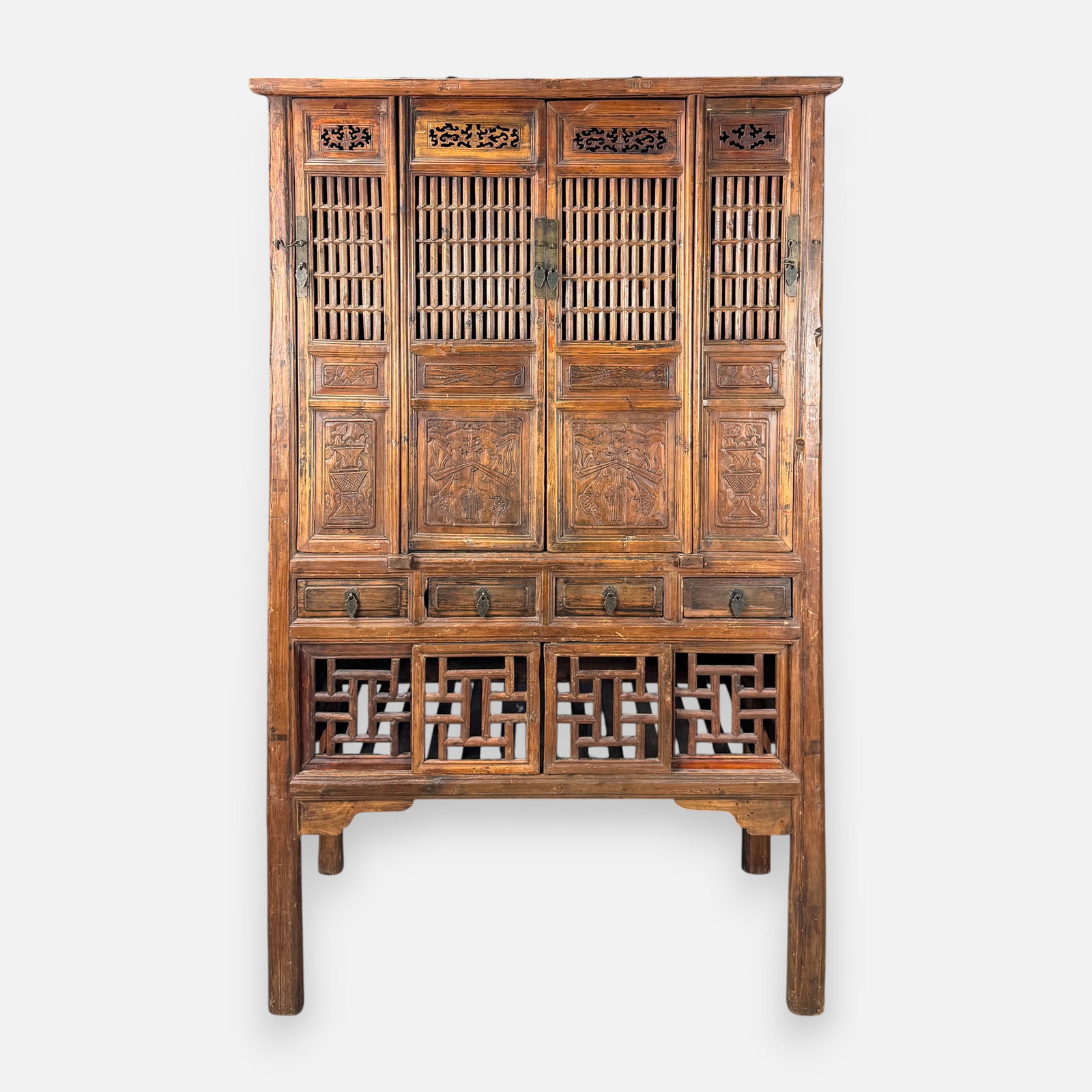 Antique Chinese Carved Elm Wood 4-Door Display Cabinet Tall Hutch w/Sliding Bottom Doors: For shipping, we highly recommend Donald Camden at UPS Store 4608. Alternatively, reach out to one of our preferred shippers listed at the link below or elect for LiveShipping in the checkout screen.