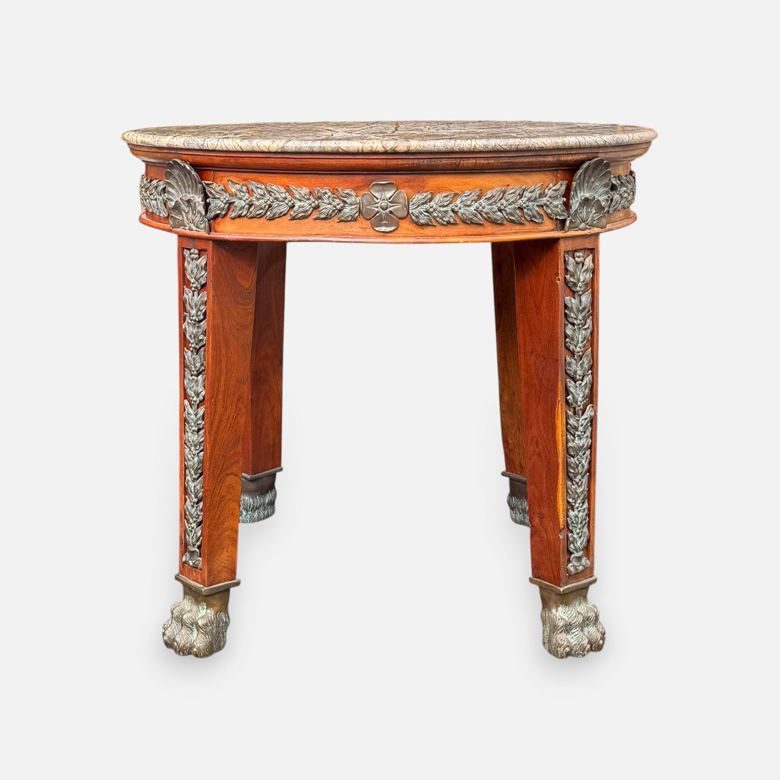 Rococo Style Solid Hardwood Variegated Marble Top Circular Drum Table w/Bronze Mounts and Paw Feet: For shipping, we highly recommend Donald Camden at UPS Store 4608. Alternatively, reach out to one of our preferred shippers listed at the link below or elect for LiveShipping in the checkout screen.