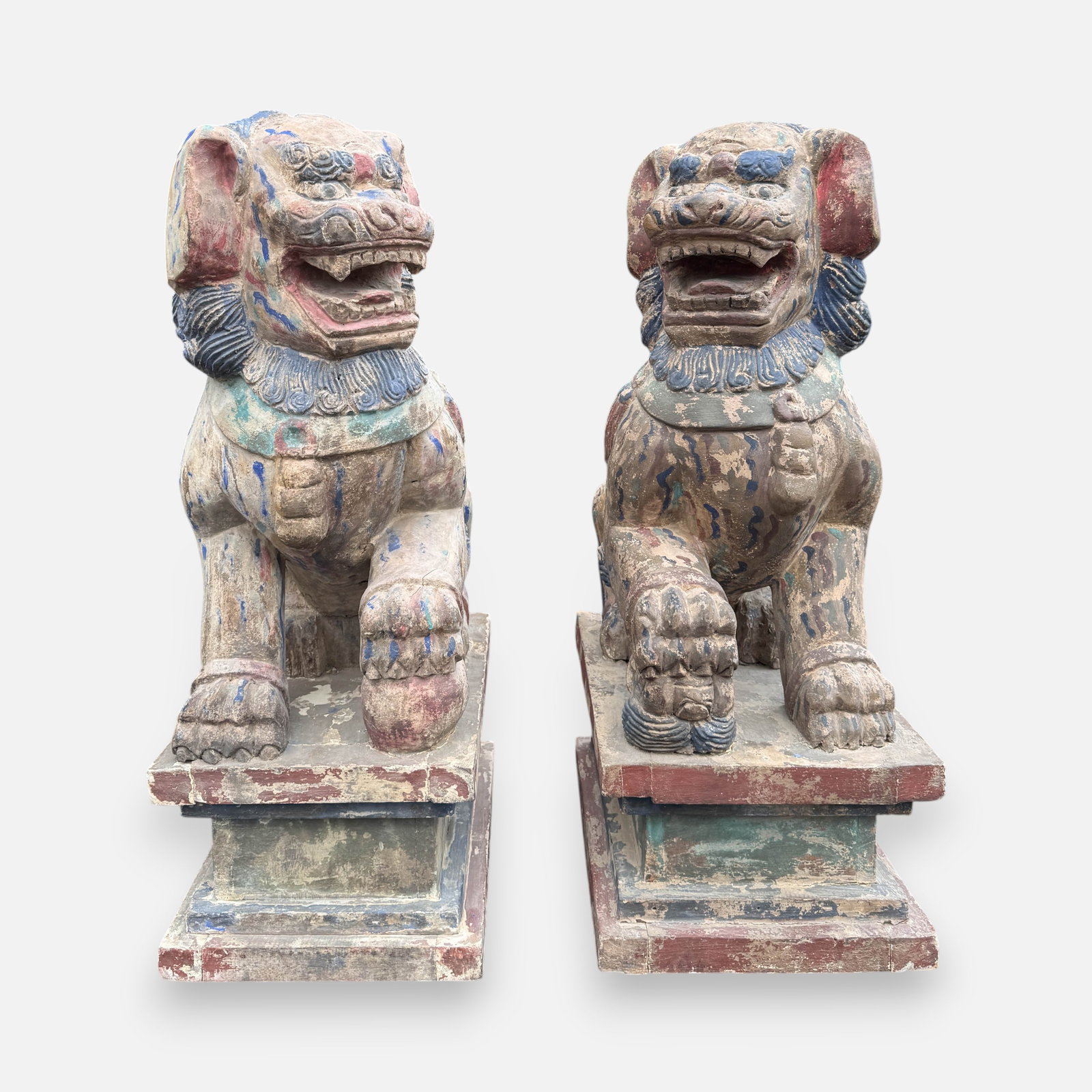 Mirrored Pair 20thC Painted Wood Temple Guardian Foo Dogs: For shipping, we highly recommend Donald Camden at UPS Store 4608. Alternatively, reach out to one of our preferred shippers listed at the link below or elect for LiveShipping in the checkout screen. 
