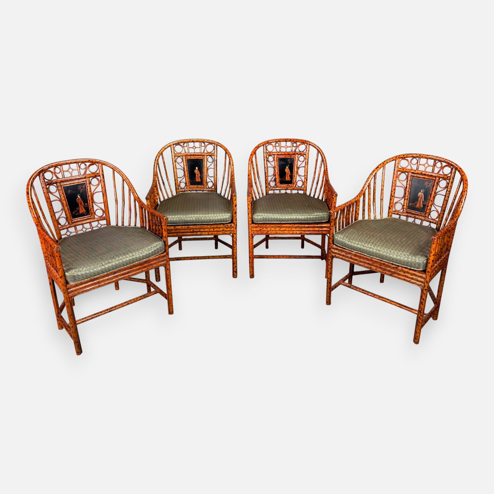 Vintage High-End Painted Bamboo Tole-Back Set of Four Armchairs w/Cushions & Cane Seats (1 of 10)