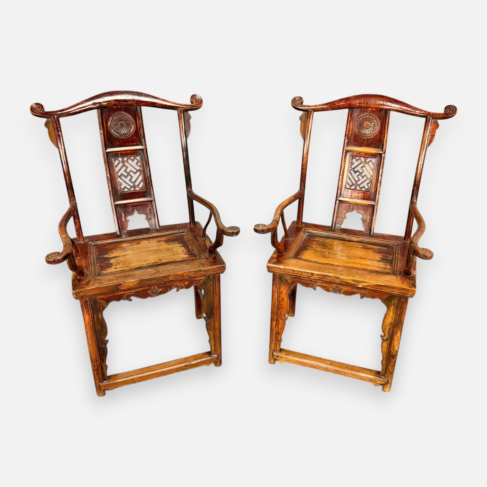 Pair Antique Chinese Carved Elm Wood Ming Style Yoke-Back Armchairs: For shipping, we highly recommend Donald Camden at UPS Store 4608. Alternatively, reach out to one of our preferred shippers listed at the link below or elect for LiveShipping in the checkout screen. 