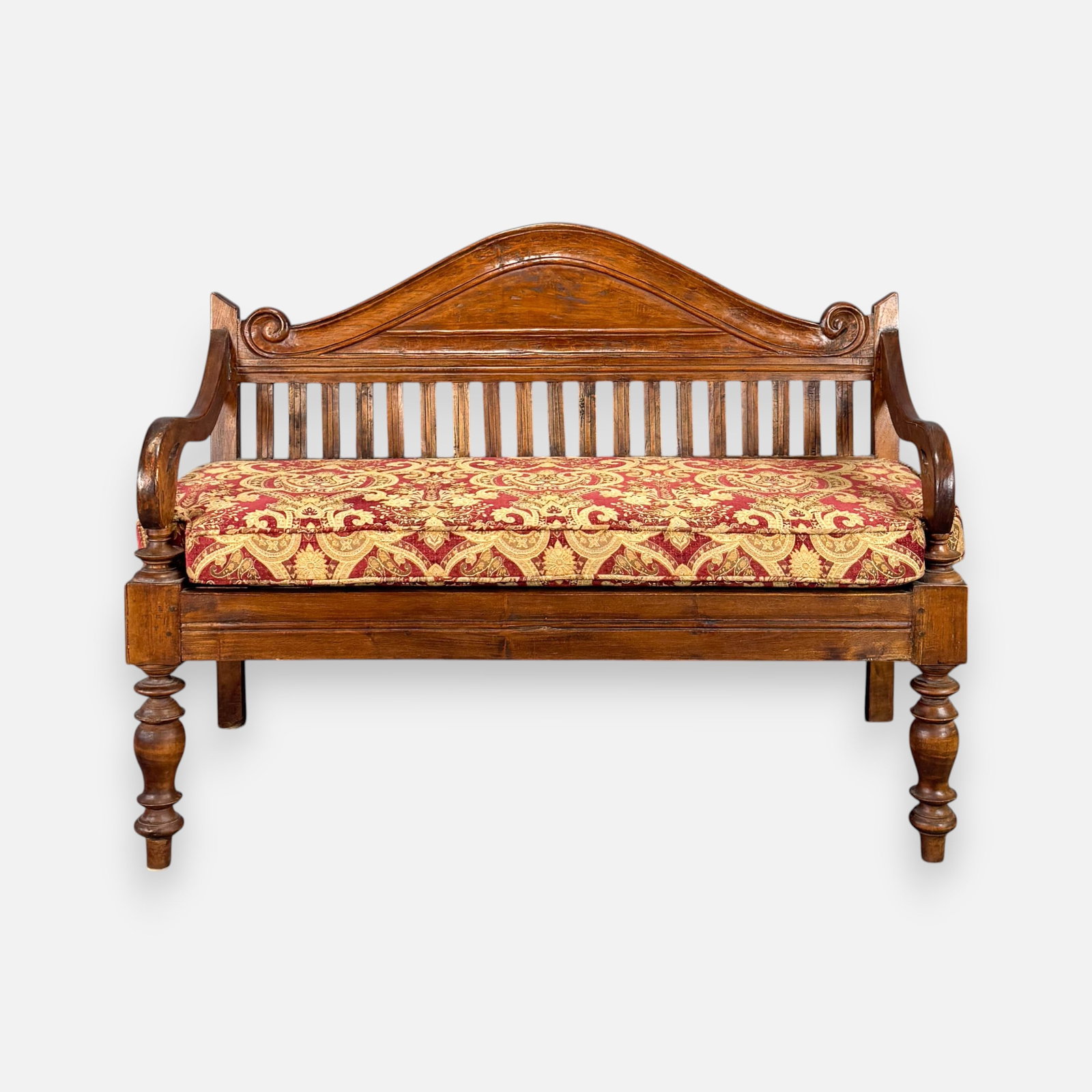 Vintage Carved Teak Turned Leg Slat-Back Bench: For shipping, we highly recommend Donald Camden at UPS Store 4608. Alternatively, reach out to one of our preferred shippers listed at the link below or elect for LiveShipping in the checkout screen. 