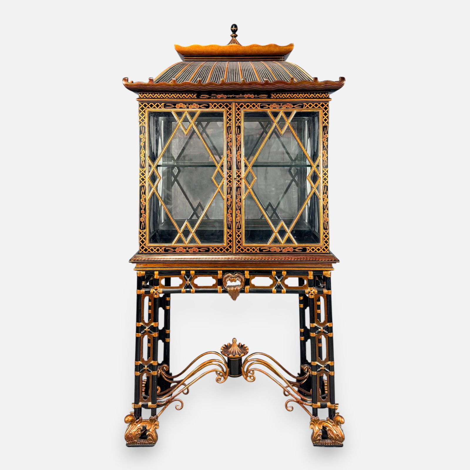 Maitland-Smith Chinese Pagoda Style 2-Door Display Cabinet on Stand: For shipping, we highly recommend Donald Camden at UPS Store 4608. Alternatively, reach out to one of our preferred shippers listed at the link below or elect for LiveShipping in the checkout screen. 