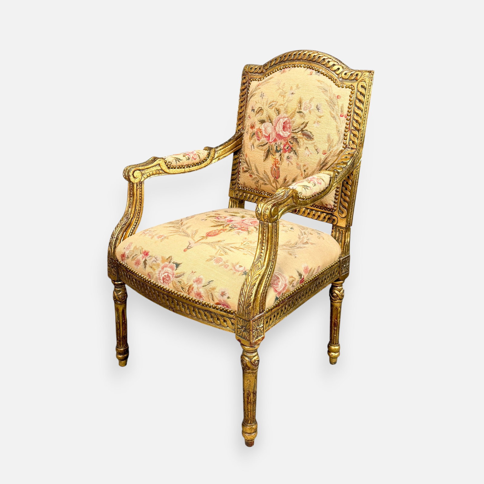 Louis XVI Painted Gilt Wood Fauteuil Chair w/Floral Needlepoint Upholstery: For shipping, we highly recommend Donald Camden at UPS Store 4608. Alternatively, reach out to one of our preferred shippers listed at the link below or elect for LiveShipping in the checkout screen. 