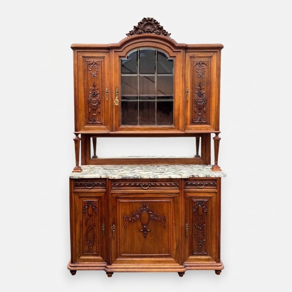 Antique Rococo Carved Walnut & Marble Mirrored Stepback Cupboard: For shipping, we highly recommend Donald Camden at UPS Store 4608. Alternatively, reach out to one of our preferred shippers listed at the link below or elect for LiveShipping in the checkout screen. 