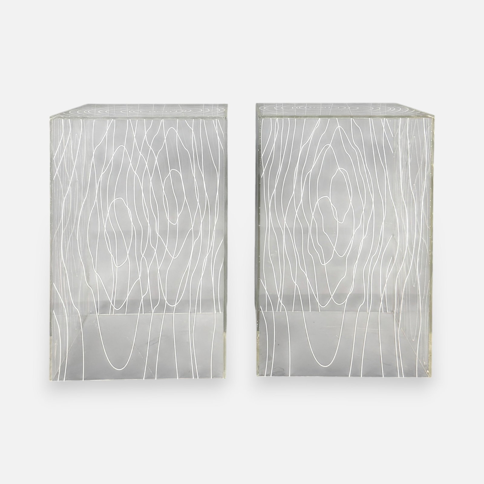 Pair Gus "Timber: Faux Wood Grain Decorated Lucite Side Table: Bases measure approx. 18" x 12". Glass measures approx. 24" x 35 1/2". For shipping, we highly recommend Donald Camden at UPS Store 4608. Alternatively, reach out to one of our preferred shippers list