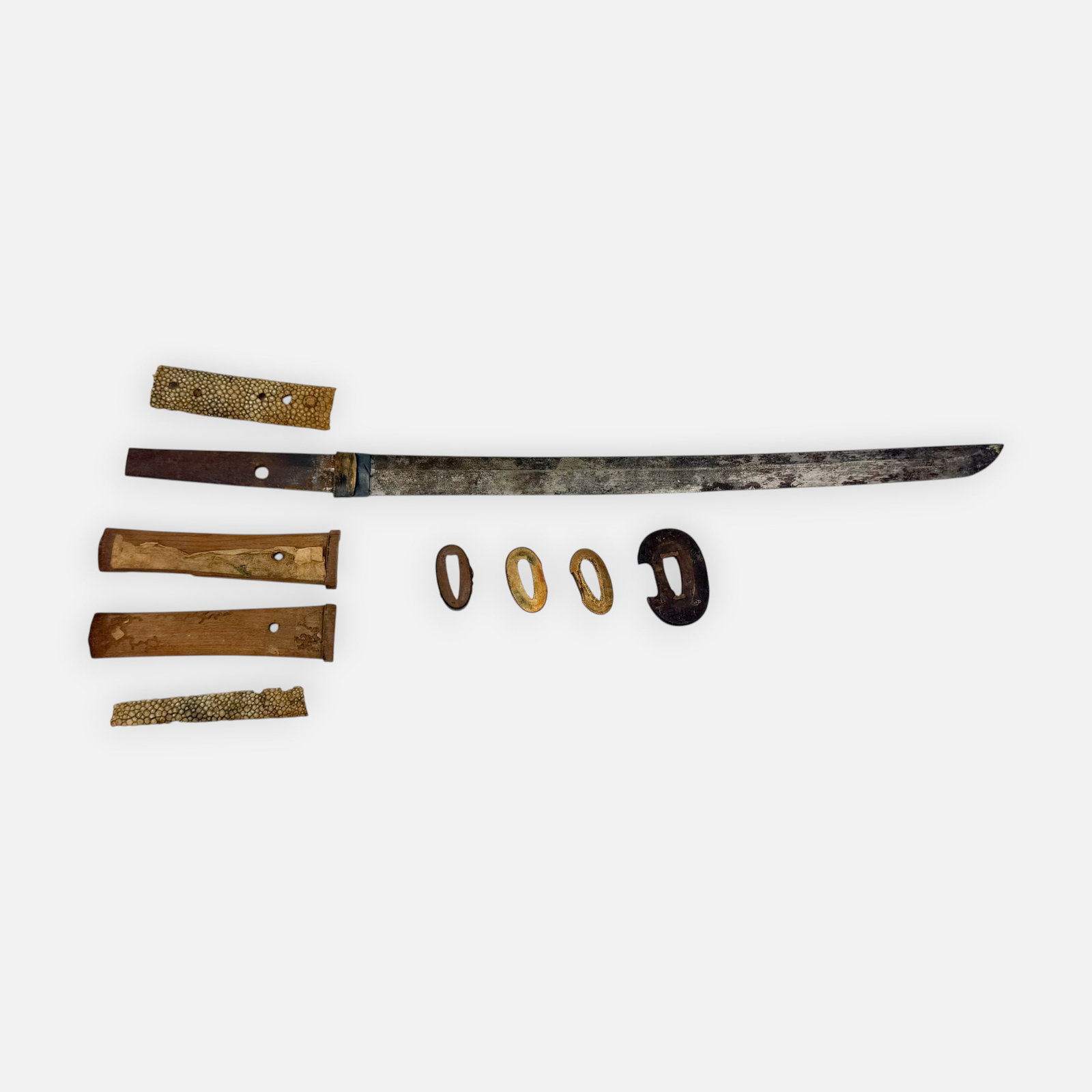 Antique Japanese Samurai Sword Tanto Knife w/Fittings: Ca. 17th to 19thC. Possibly signed, with very light characters, not cleaned, selling as found with the extra pieces shown included. For shipping, we highly recommend Donald Camden at UPS Store 4608. A