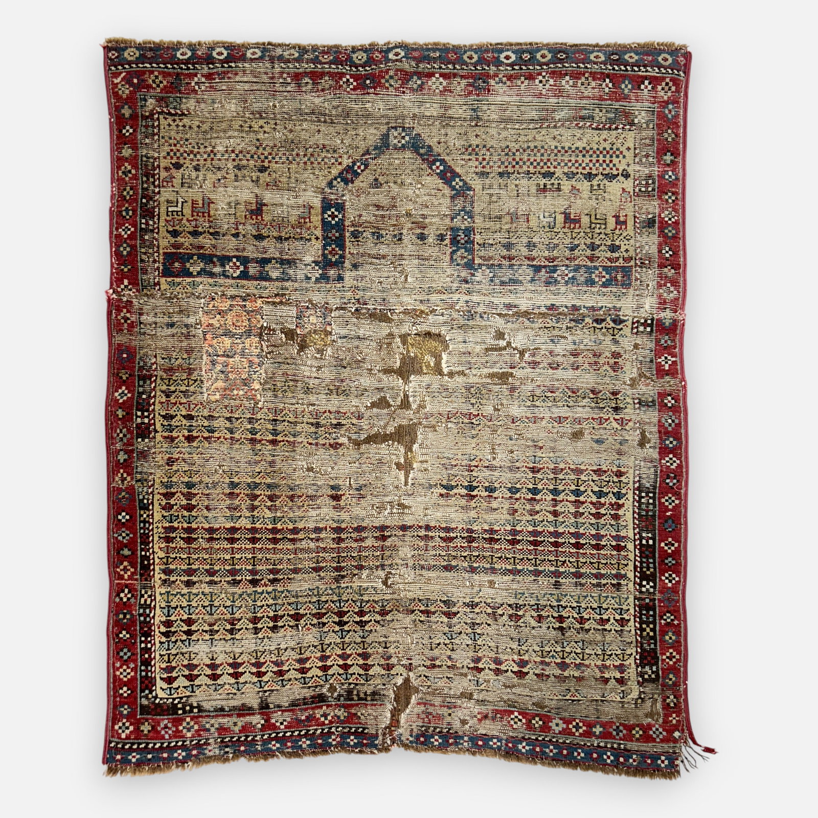 Antique 18th/19thC Turkish Prayer Rug Fragment - Repairs & Linen Backed: Please enlarge pictures to show condition clearly. Hand Knotted Wool. For shipping, we highly recommend Donald Camden at UPS Store 4608. Alternatively, reach out to one of our preferred shippers liste