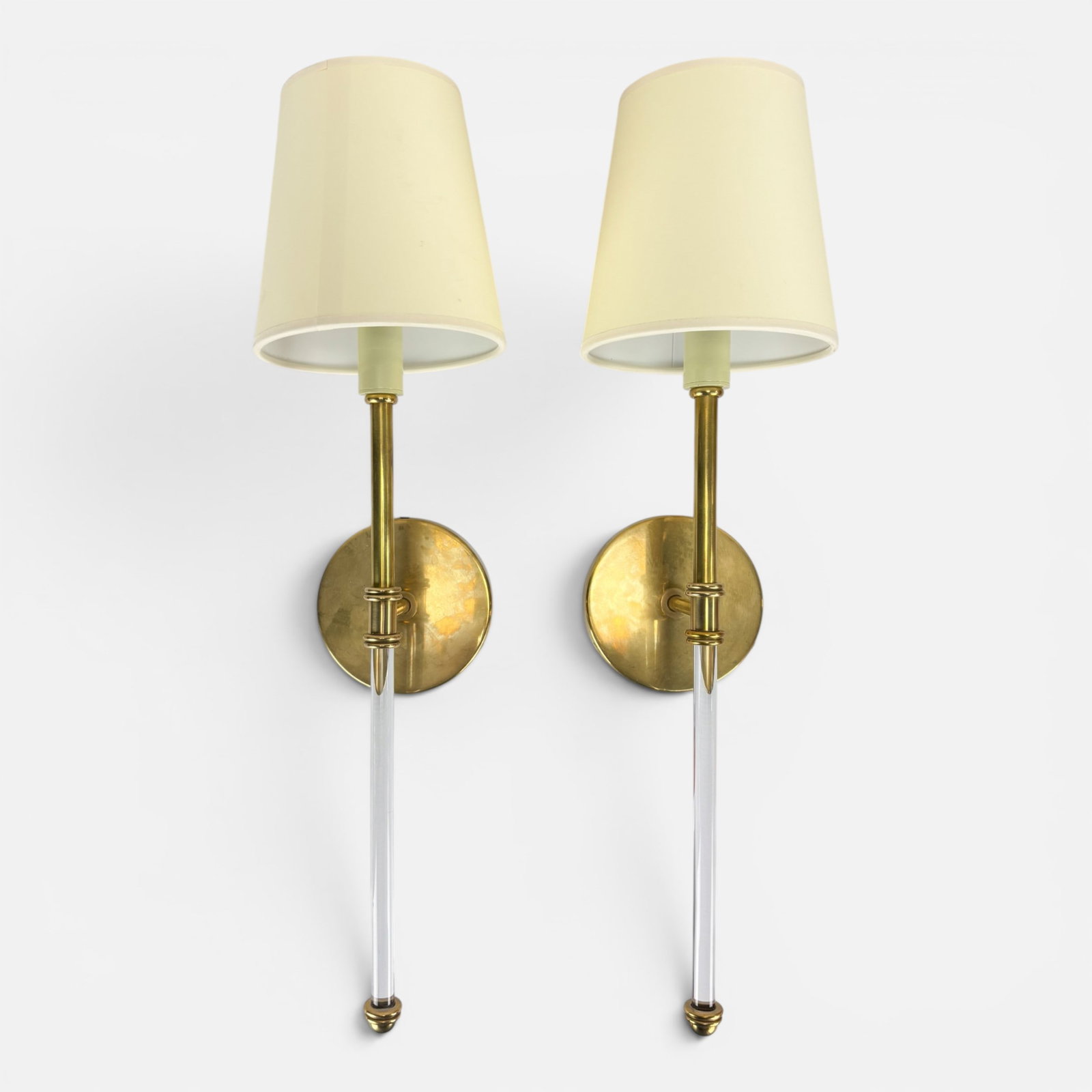 Pair Visual Comfort "Camille" Brass & Glass Wall Sconces: Very good condition as shown. For shipping, we highly recommend Donald Camden at UPS Store 4608. Alternatively, reach out to one of our preferred shippers listed at the link below or elect for LiveShi