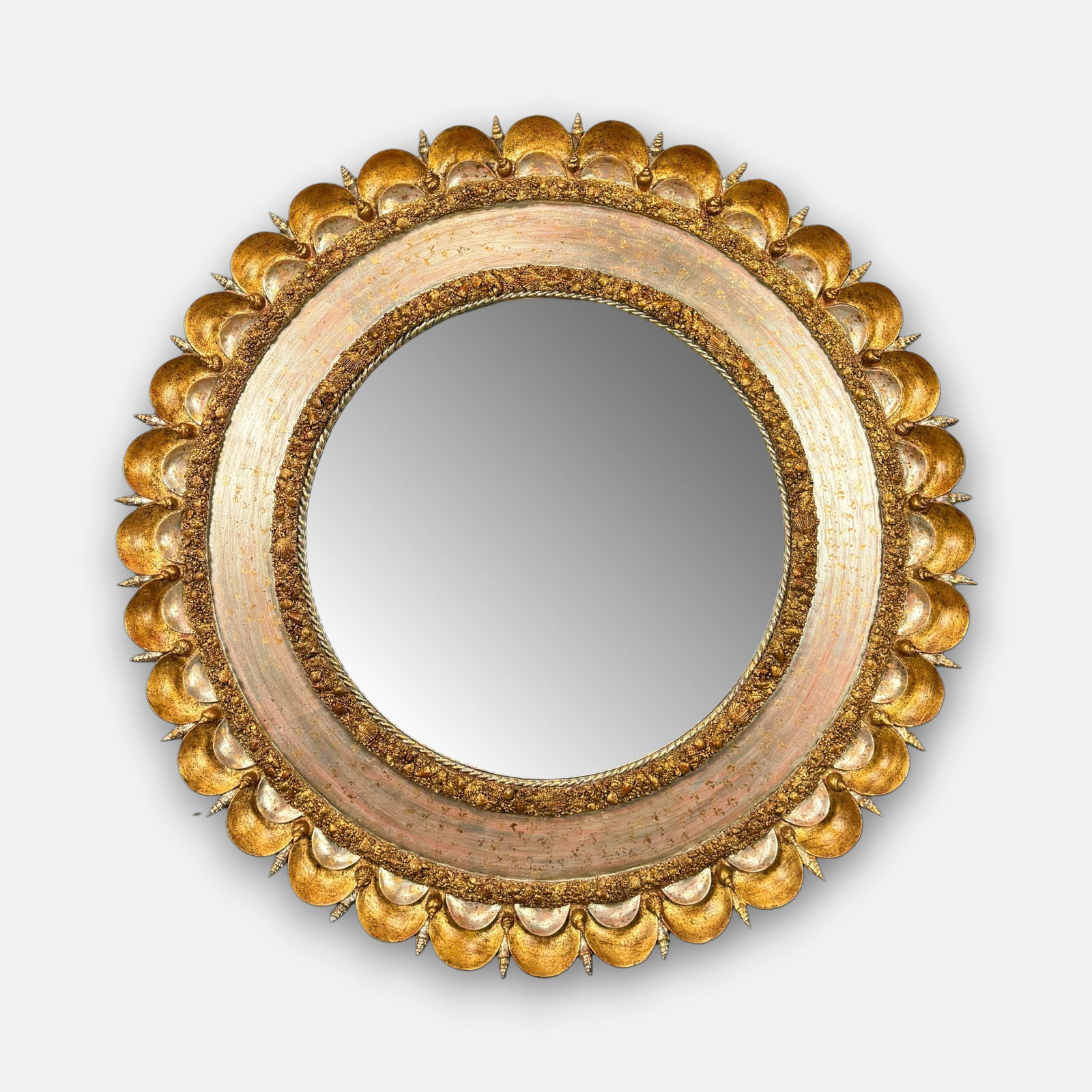 Large Sunburst-Form Molded Gilt Gesso Seashell Round Wall Mirror: Good condition as shown, with some minor losses to edge shells. For shipping, we highly recommend Donald Camden at UPS Store 4608. Alternatively, reach out to one of our preferred shippers listed at t