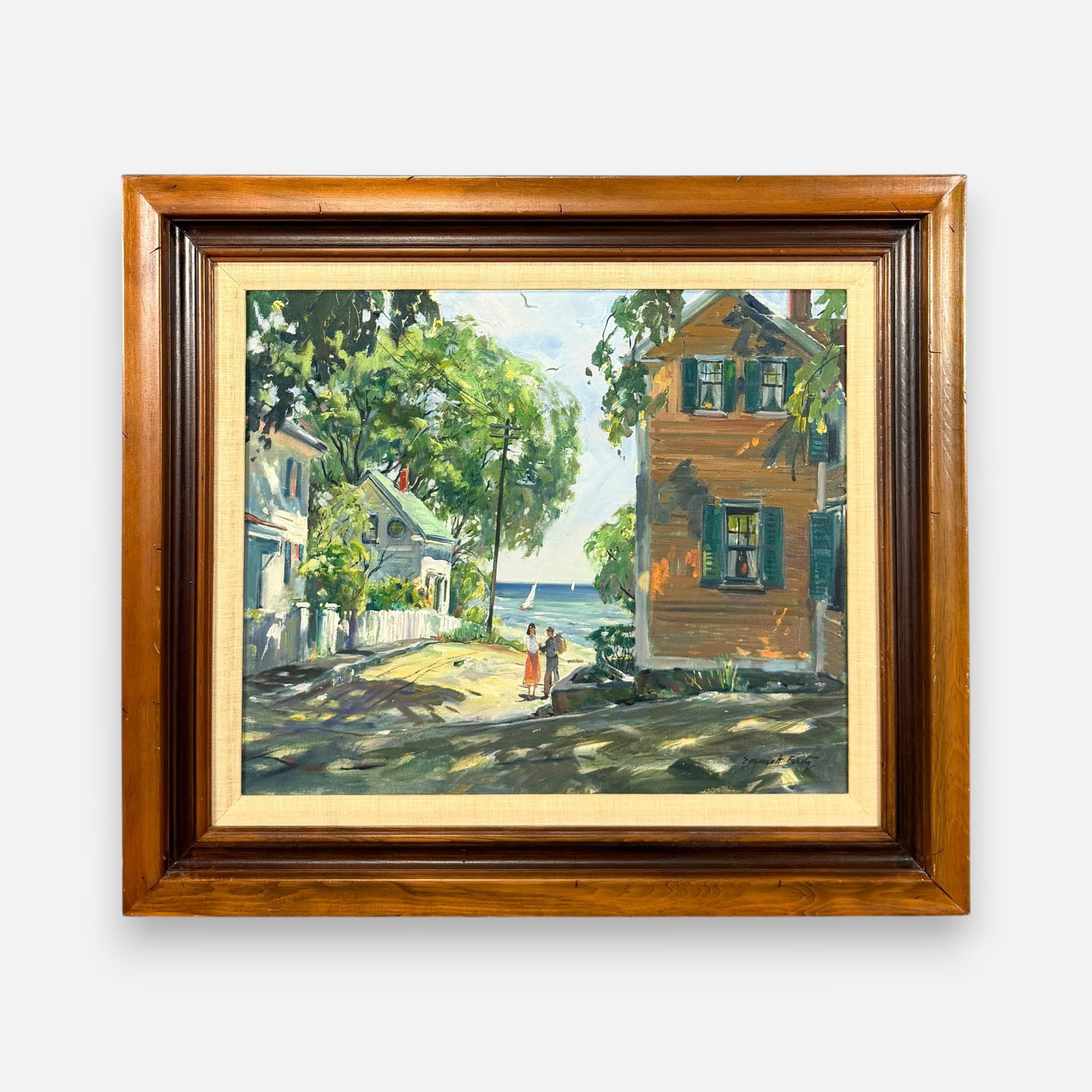 Emmett John Fritz Coastal Town Scene Oil on Canvas Painting: Emmett Fritz (American, 1917-1995), oil on canvas, signed lower right. For shipping, we highly recommend Donald Camden at UPS Store 4608. Alternatively, reach out to one of our preferred shippers list