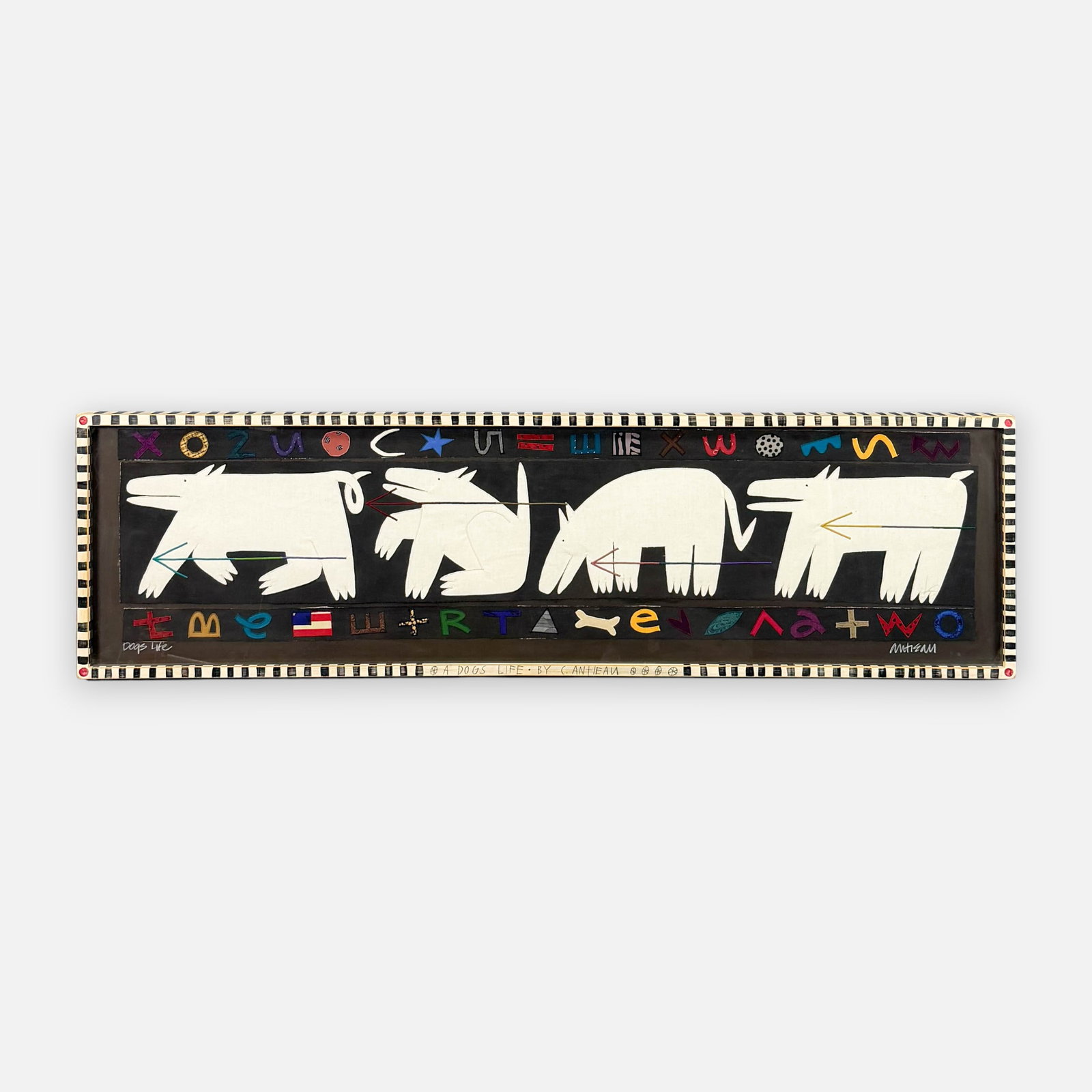 Chris Roberts-Antieau "Dogs' Life" 1991 Original Embroidered Tapestry w/Artist Signed Painted Frame (1 of 8)