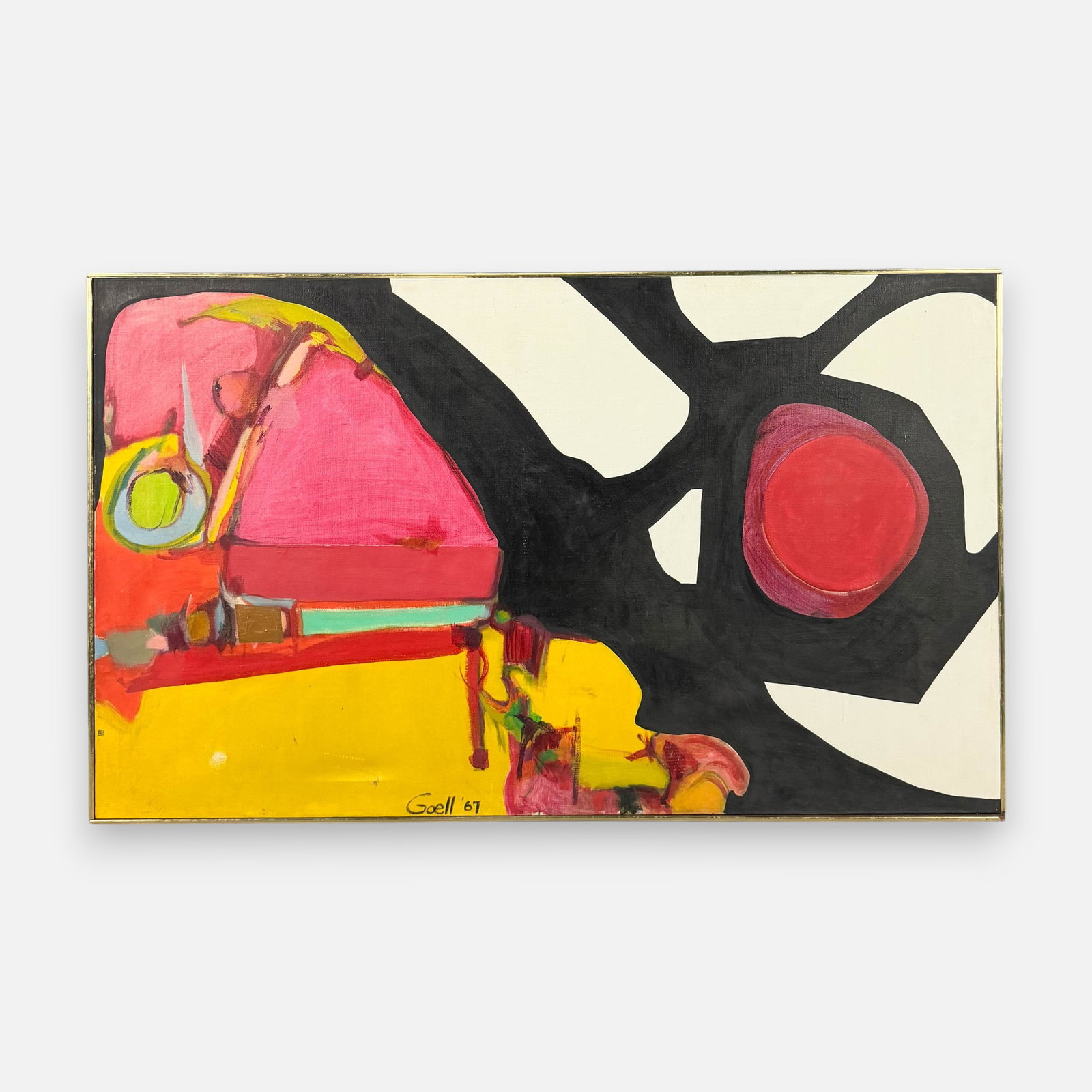 Abby Jane Goell 1967 Abstract Oil on Canvas Painting: Abby Jane Goell (American, b. 1942), oil on canvas, signed and dated 1967 as shown. For shipping, we highly recommend Donald Camden at UPS Store 4608. Alternatively, reach out to one of our preferred 