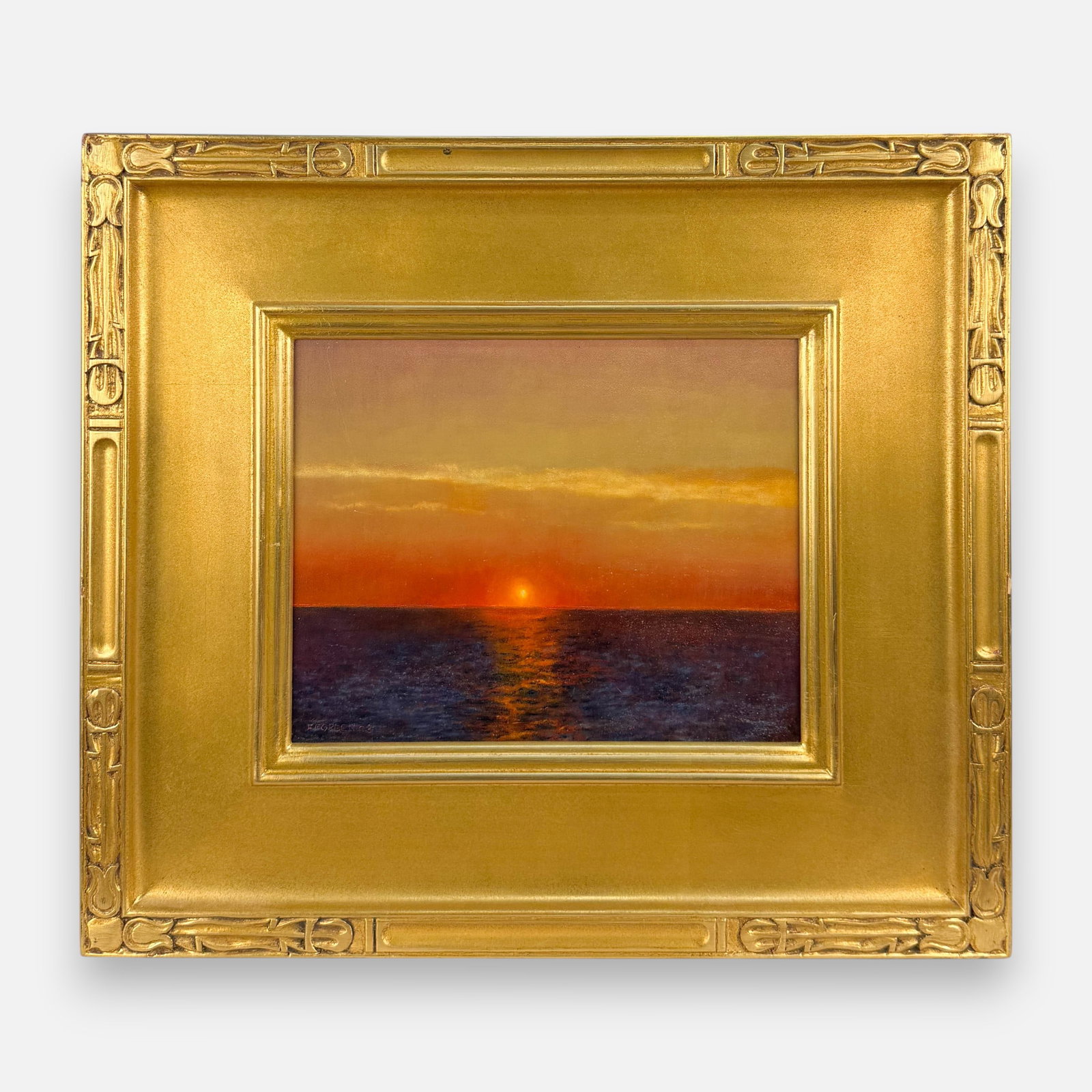 Frances E. Green "Nantucket Sunset" 2003 Oil on Board Painting: Frances E. Green (American, b. 1946), Nantucket Sunset, oil on board, signed and dated 2003 as shown. Good condition, see dust in varnish. For shipping, we highly recommend Donald Camden at UPS Store 