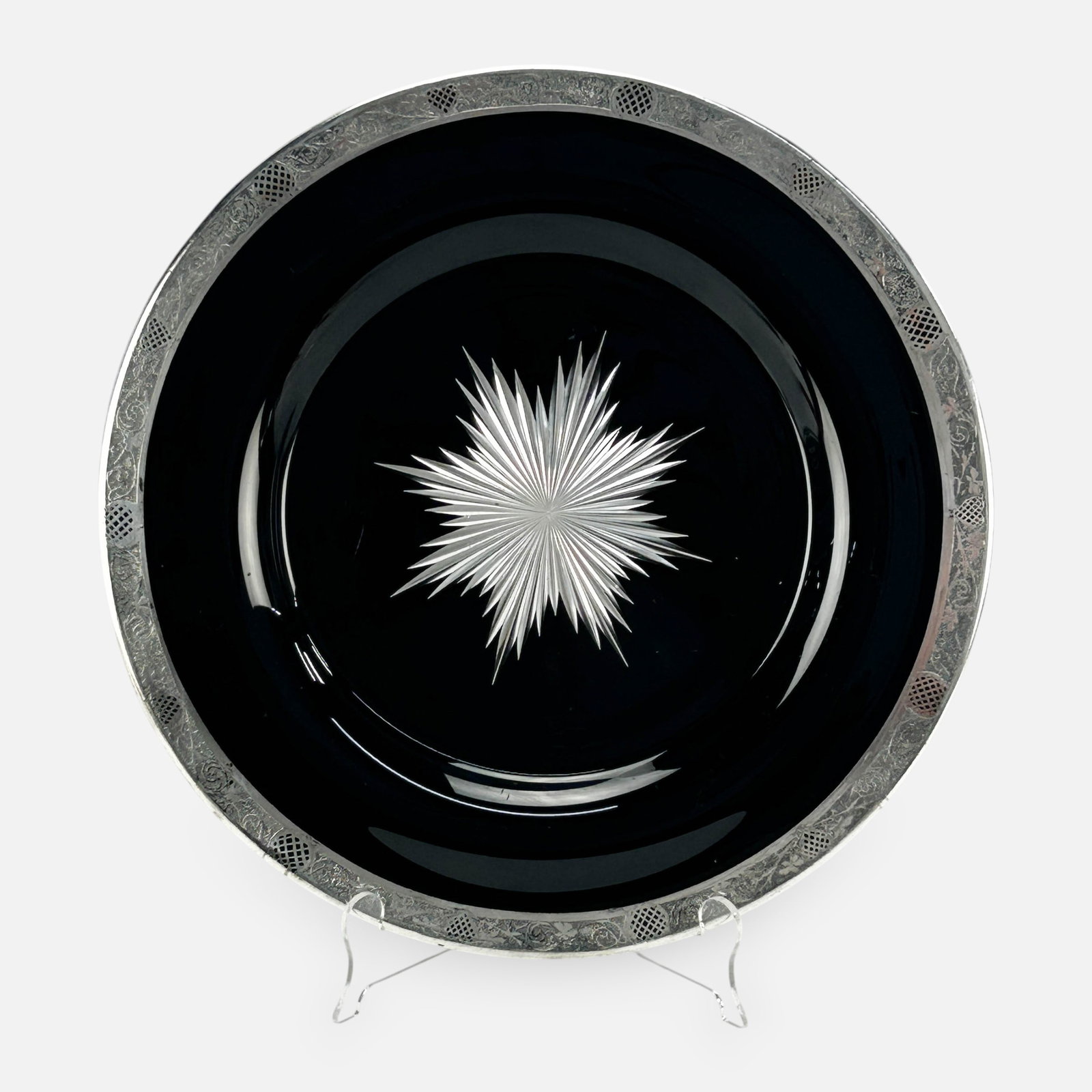 Rare Hawkes Black Cut to Clear Starburst Crystal Glass Silver Rimmed Charger (1 of 11)