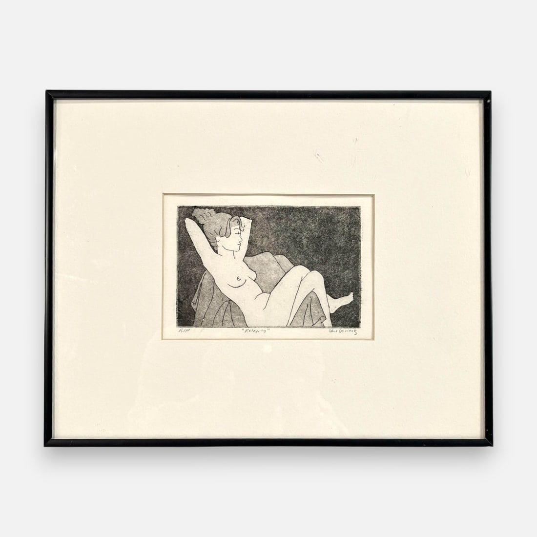 Gail Goriesky "Relaxing" Artist Proof Aquatint Etching on Rag Paper: Music: "Dances of the Knights". Approx. sight size 4" x 6". Framed, matted, and sealed. Description by the Artist: This etching was based on a charcoal drawing from life. Ararity Auctions is proud to 
