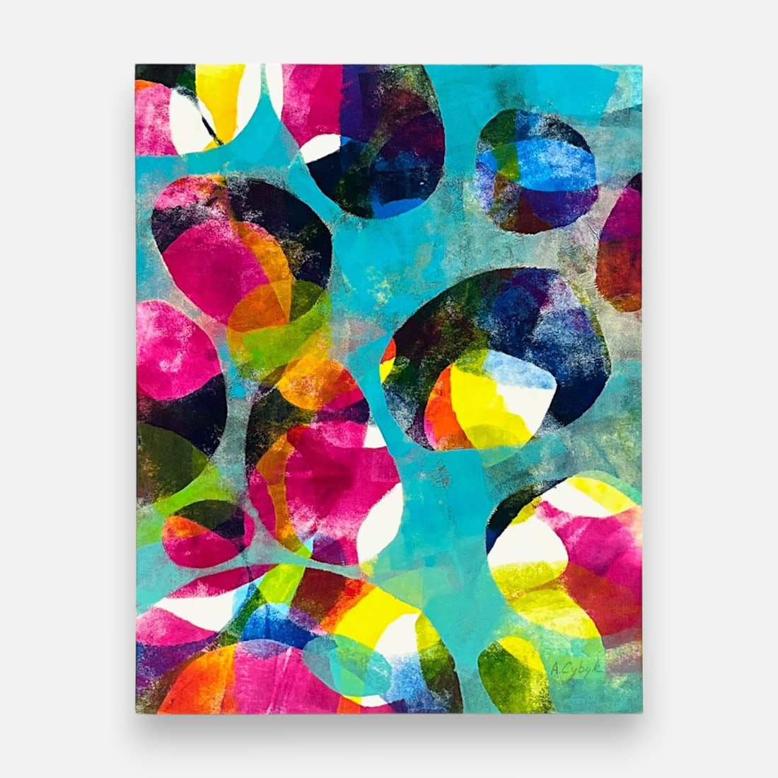 Andrea Cybyk "Falling for You" Acrylic on Paper: Music: "Dances of the Knights". Approx. sight size 14" x 11". Description by the Artist: Falling for You examines the complicated emotional tumble of strangers who are destined to become lovers agains