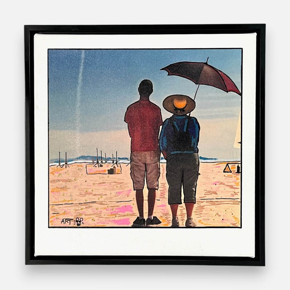 Alfa Tate O'Neill "Rocketman" Photography, Acrylic Paint, Rhinestones on Canvas Framed: Music: "Grand Canyon Suite." Approx. sight size 12 3/4" x 14". Description by the Artist: Rocketman was inspired by real life moment when son reveals that his rocket finally works to his mom. A medita