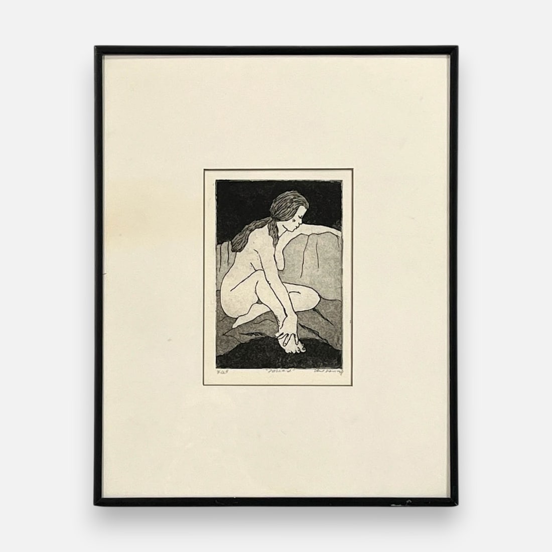 Gail Goriesky "Reaching" Limited Edition 7/25 Aquatint Etching on Rag Paper: Music: "Grand Canyon Suite." Approx. sight size 6" x 4". Framed, matted, and sealed. Description by the Artist: This etching was based on a drawing from life. The original drawing was stolen and then 