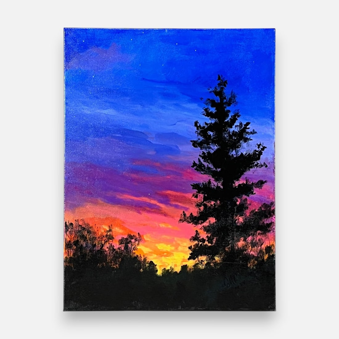 Nancy M. Patrick "Sunset 2" Acrylic on Canvas: Music: "Grand Canyon Suite." Approx. sight size 16" x 12". Description by the Artist: Sunset heralds the closing of day and entry into night. This transition can be as gentle as a breeze or an explosi