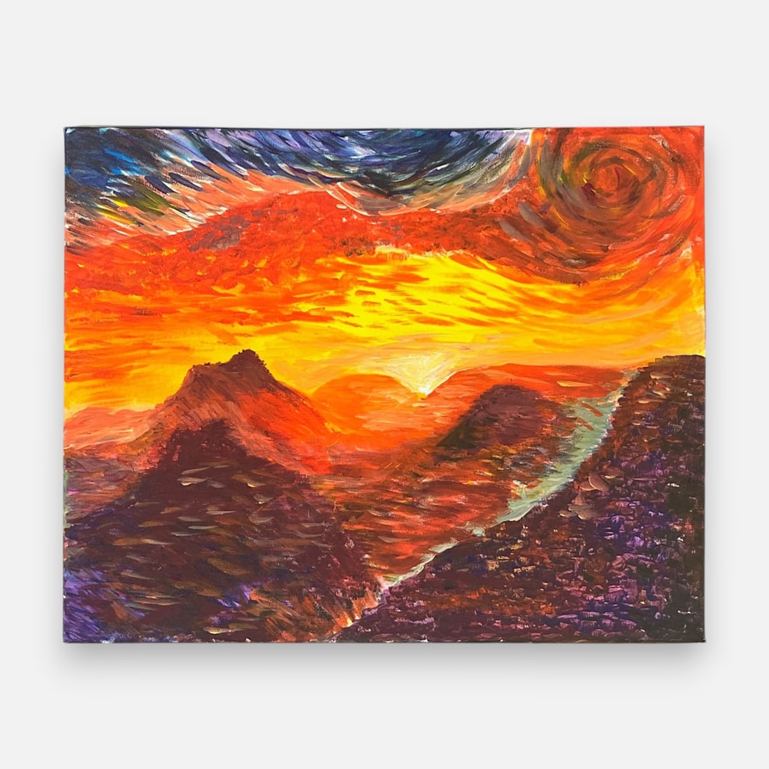 Laura R. Drain "Where Ever the Sun Sings" Acrylic on Canvas: Music: "Grand Canyon Suite." Approx. sight size 16 1/4" x 20". Description by the Artist: Inspired by the music of Ferde Grofe, this piece reflects the quiet power and emotion of a sunset over the can