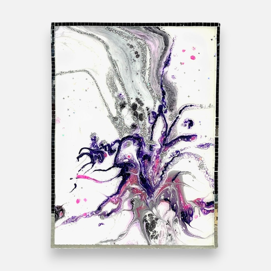 Gail Goriesky "Mardi Gras" Acrylic Resin Glitter and Mirrors on Wood: Music: "Mississippi Suite." Approx. sight size 12" x 9". Description by the Artist: This started as an acrylic pour then reworked with glitter to emphasize certain areas then covered in acrylic resin.