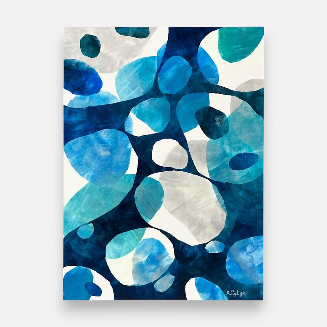Andrea Cybyk "Dancing by the Water" Acrylic on Paper: Music: "Mississippi Suite." Approx. sight size 30" x 22". Description by the Artist: Dancing by the Water creates a quieter, sensual vibe away from the noise of the crowds. Overlapping layers of posit