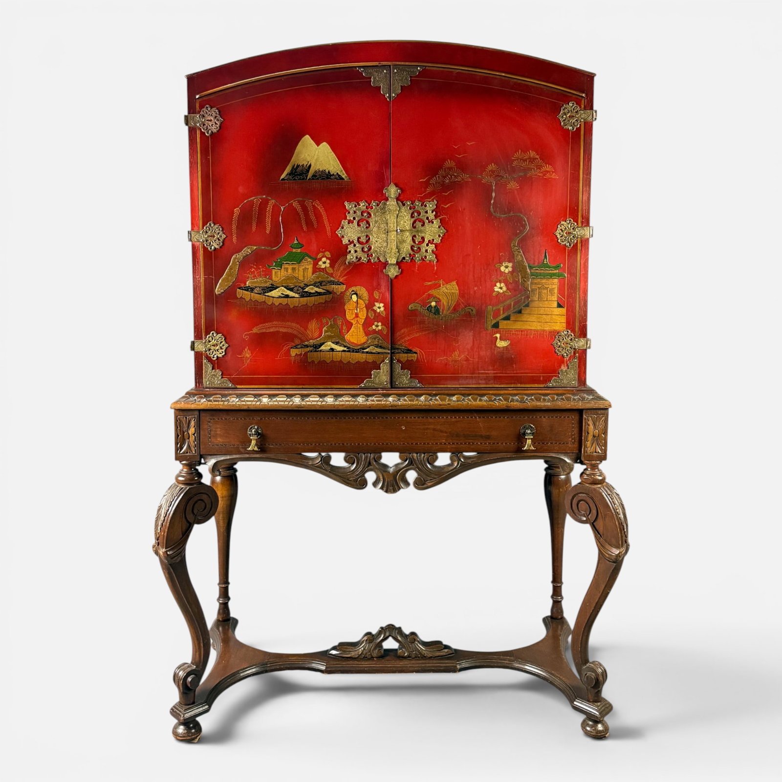 1920s Chinoiserie Hand Painted Bar Cabinet Jacobean Style Two-Door Chest on Stand (1 of 11)