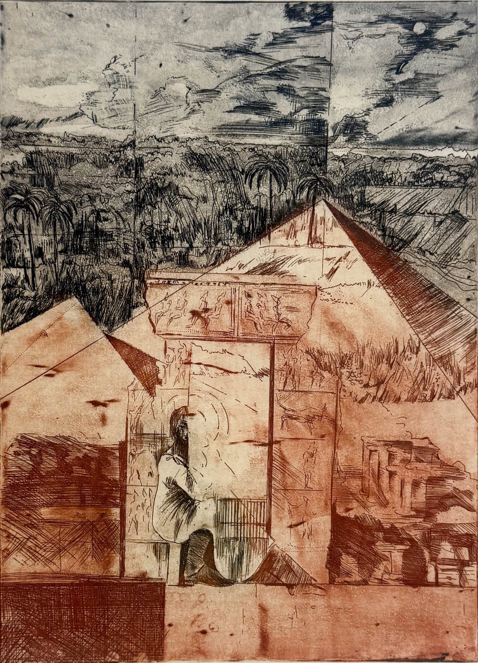 Ilia Petkov Surrealist MCM Egyptian Pyramid Etching Print: Ilia Petkov (Bulgarian-American, Contemporary), etching, pencil signed, dated, and titled. Approx. plate size 13 3/4" x 9 3/4". For shipping, we highly recommend Donald Camden at UPS Store 4608. Alter